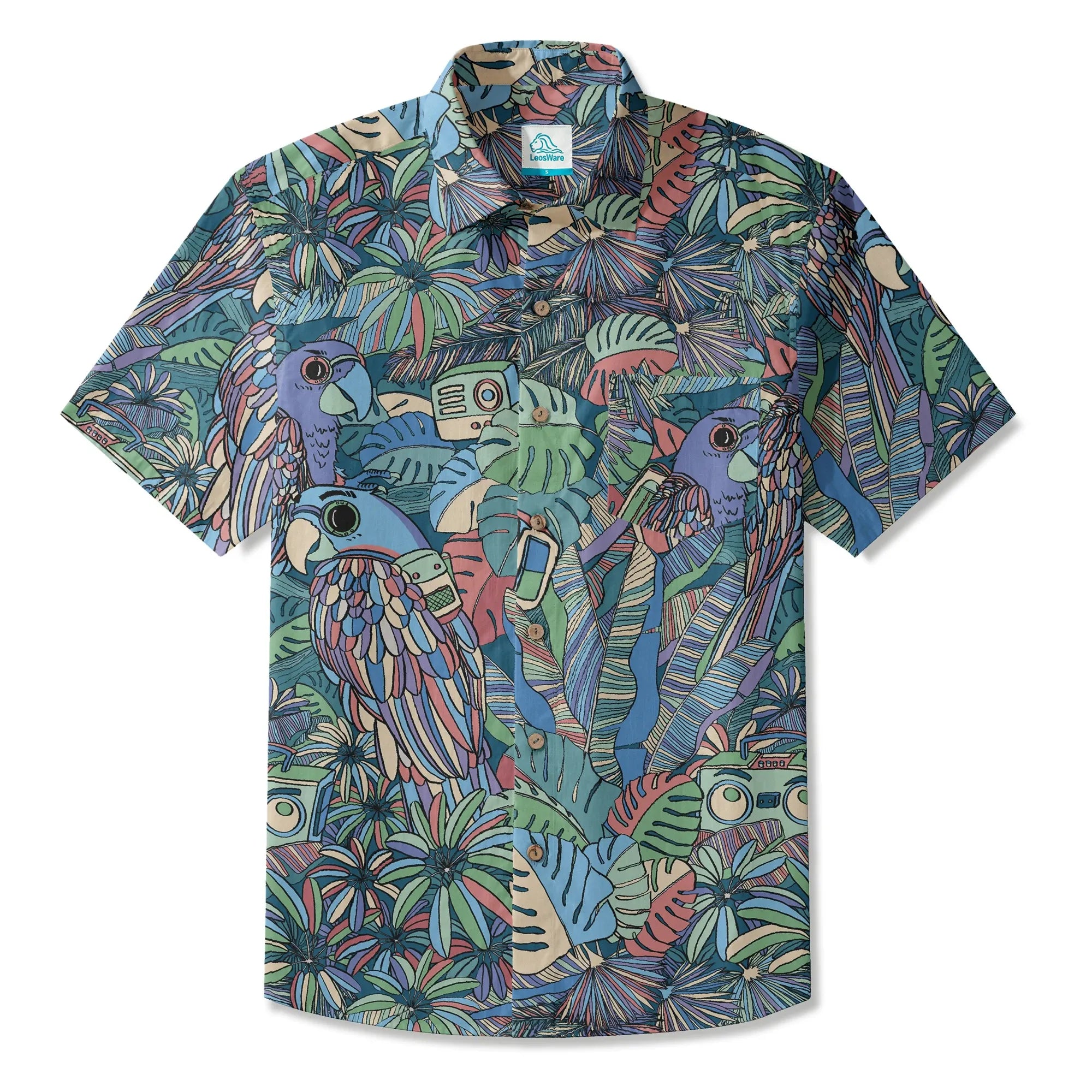 LeosWare® Men's Hawaiian Shirt Short Sleeve Button-up 100% Cotton Blue Aloha Parrot In The Enchanted Forest By Huan huan