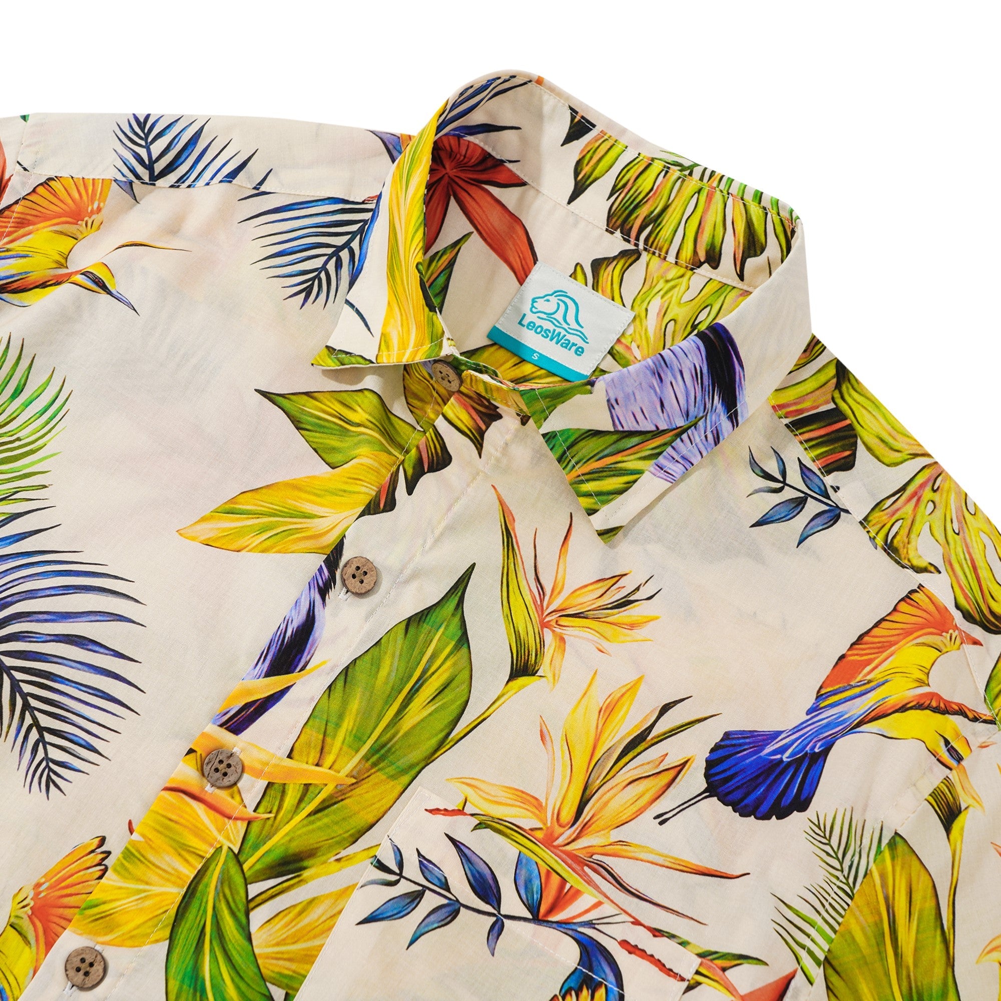 LeosWare® Men's Hawaiian Shirt Short Sleeve Button-up 100% Cotton Beige Aloha Tropical Jungle Bird Illustration By Ethan