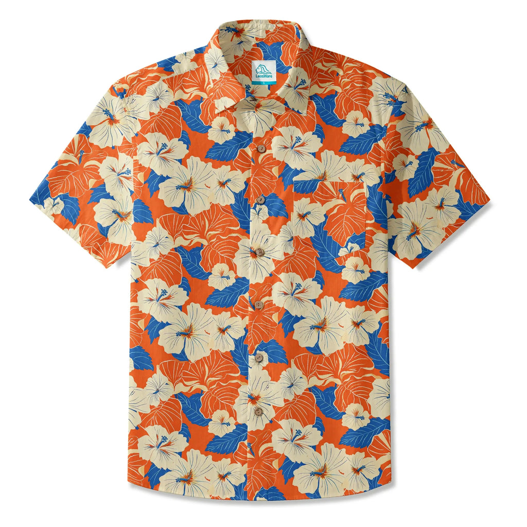 LeosWare® Men's Hawaiian Shirt Short Sleeve Button-up 100% Cotton Orange Aloha Orange Blue Hibiscus Whispers By Ann