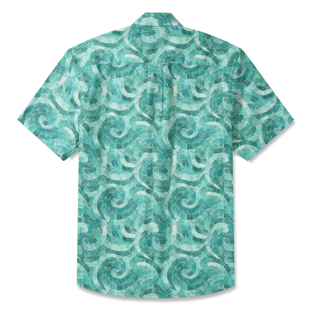 LeosWare® Men's Hawaiian Shirt Short Sleeve Button-up 100% Cotton Green Aloha Azure Seashell Whispers By Ann