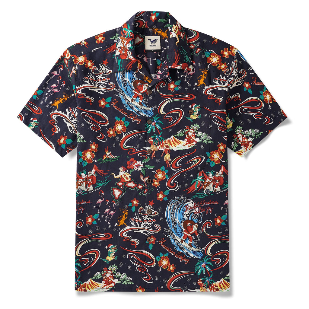 Men's Hawaiian Shirt Short Sleeve Camp Collar 100% Cotton Blue Aloha Christmas In Hawaii By Zeke