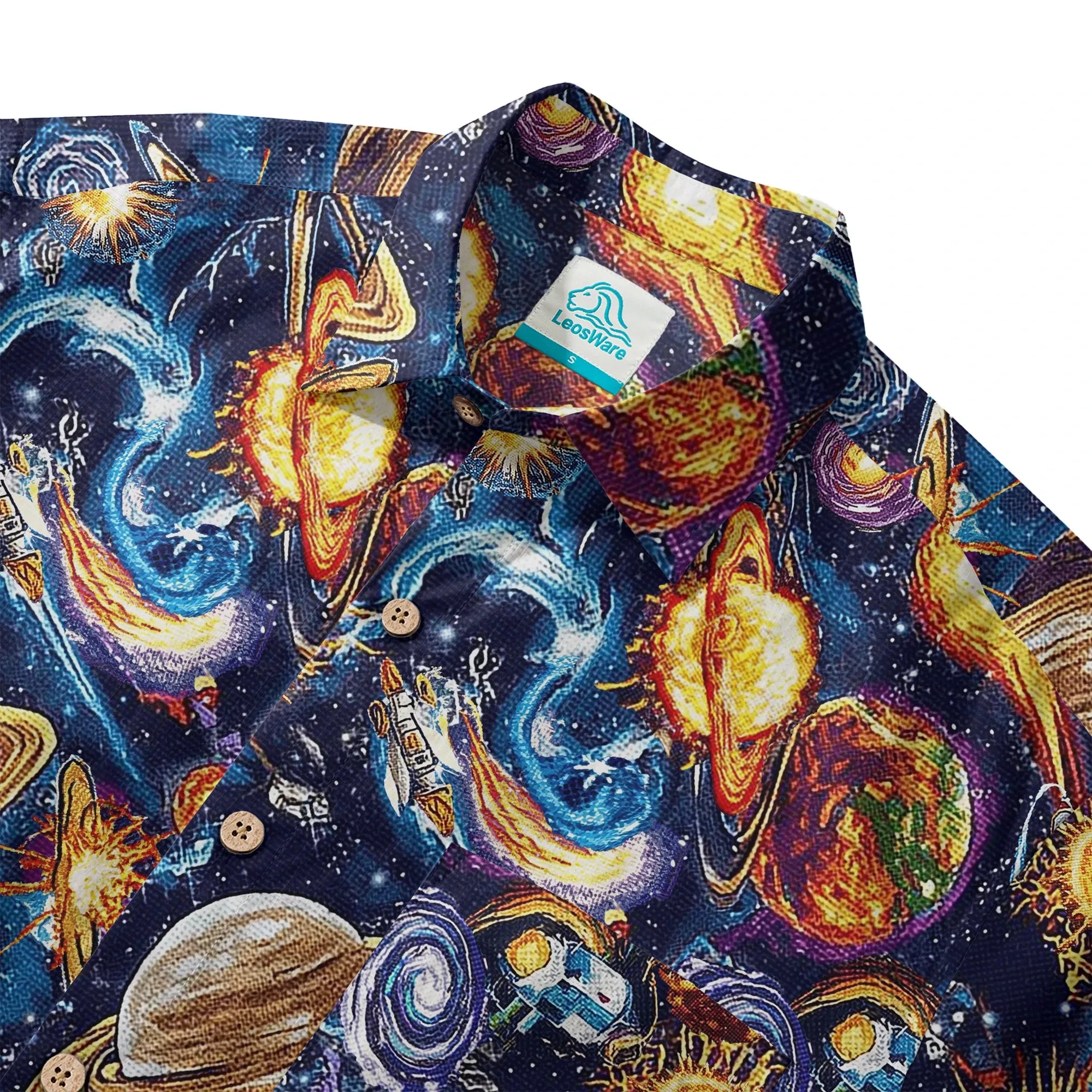 LeosWare® Men's Hawaiian Shirt Short Sleeve Button-up 100% Cotton Blue Aloha Journey Across The Stars By Ann