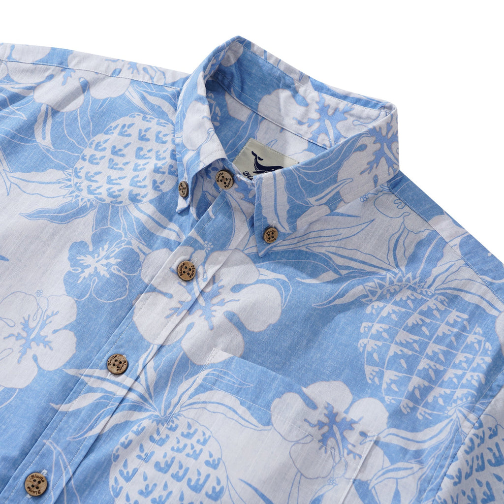 Men's Hawaiian Shirt Short Sleeve Button-down 100% Cotton Blue Aloha Pineapple and Hibiscus Hawaiian Shirt By Cigar