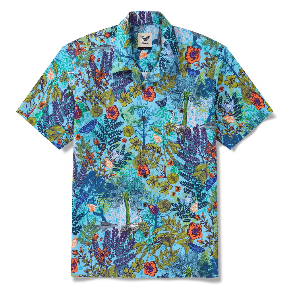Men's Hawaiian Shirt Short Sleeve Camp Collar 100% Cotton Green Aloha Whispering Woods By Yeti