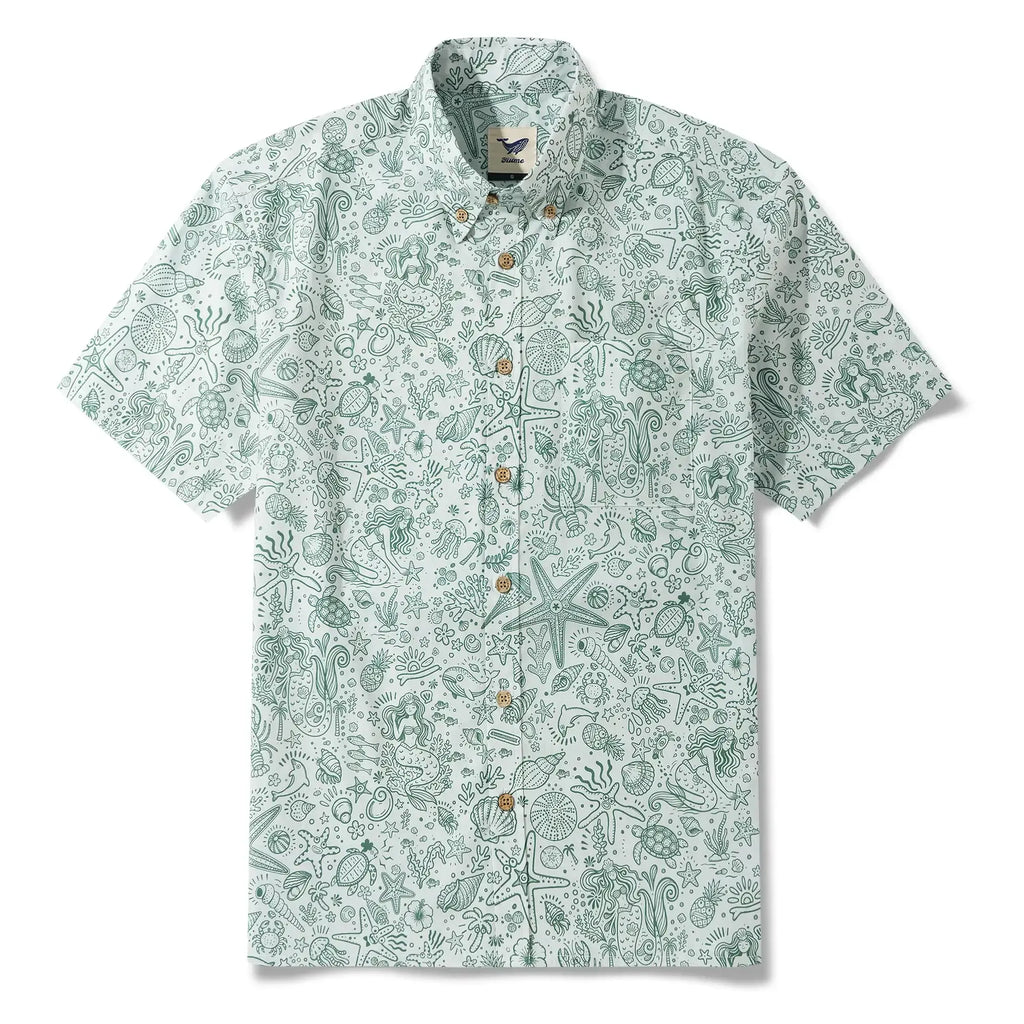 Men's Hawaiian Shirt Short Sleeve Button-down 100% Cotton Green Aloha Coastal Doodle - Sage green By Huan huan