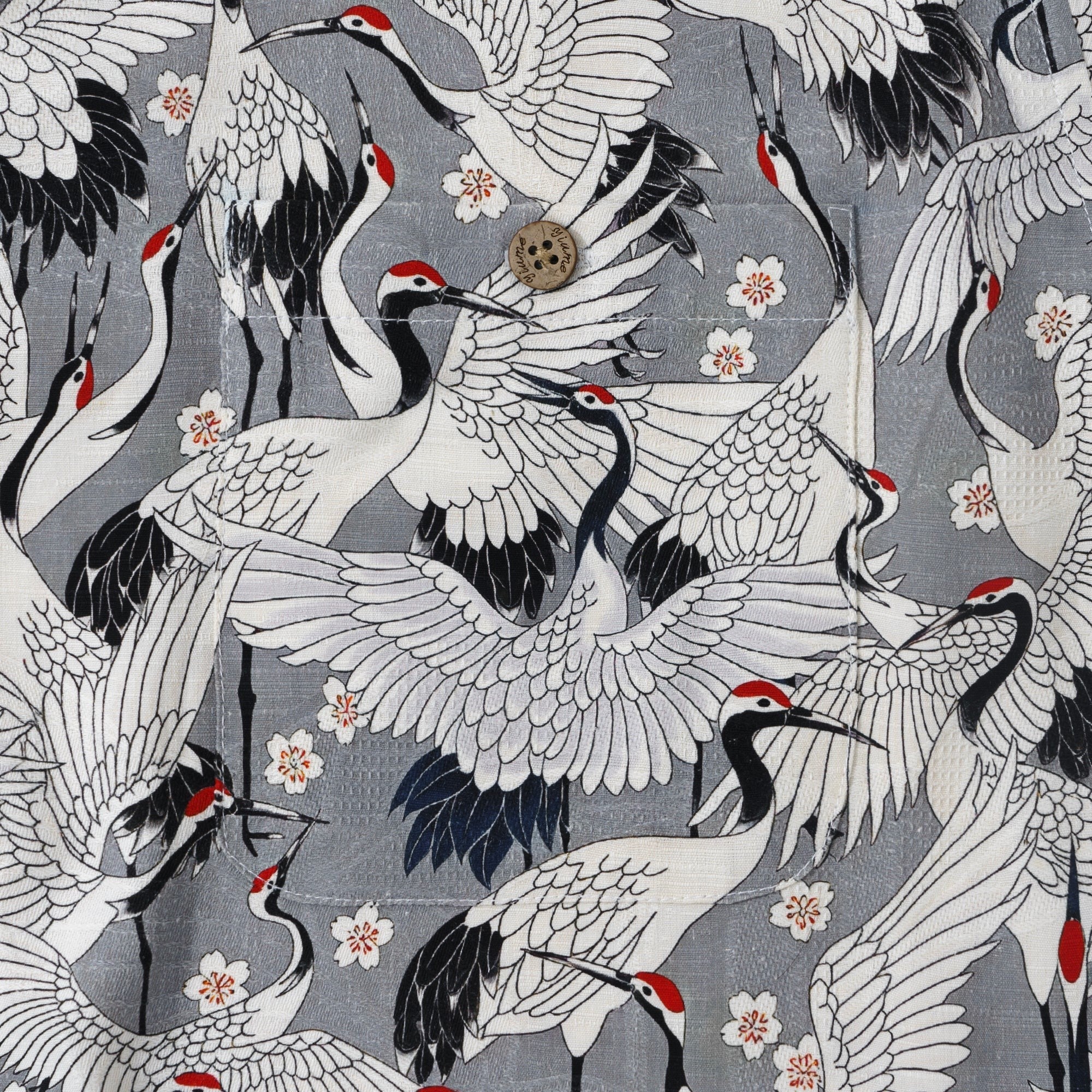 Men's Hawaiian Shirt Short Sleeve Camp Collar 100% Silk Gray Aloha The Feast Of Cranes By Seven