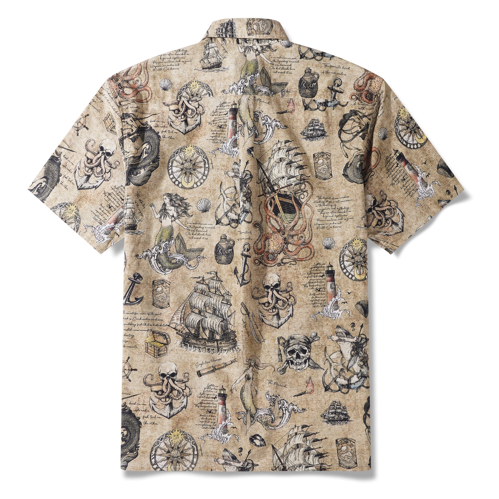 Men's Hawaiian Shirt Short Sleeve Button-down 100% Cotton Beige Aloha Pirate’s Log: The Sea Monster By Yakima