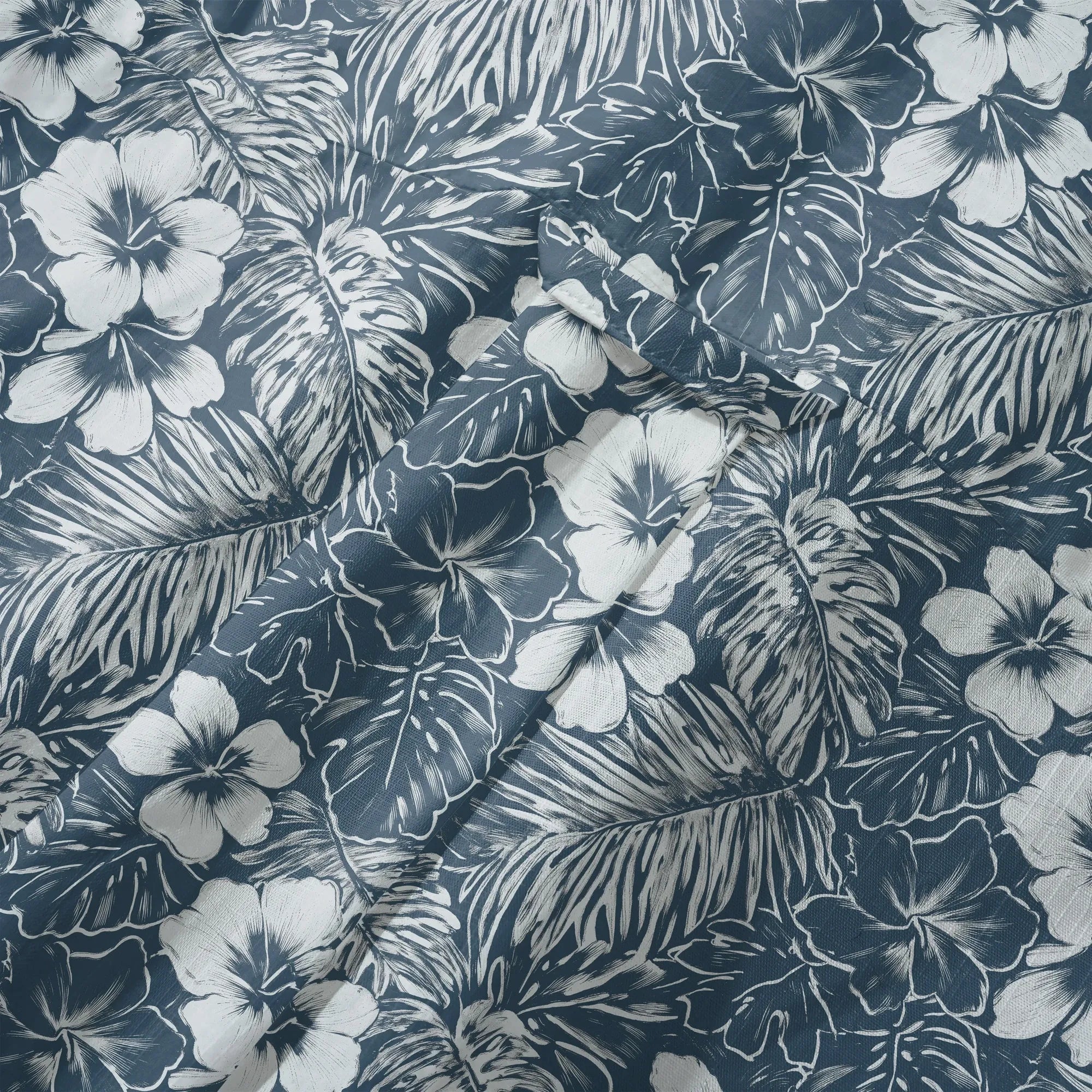 LeosWare® Hibiscus Flower Men's Hawaiian Shirt Short Sleeve Button-up 100% Cotton Blue Aloha Blue Ink Flower Shadows By Ann