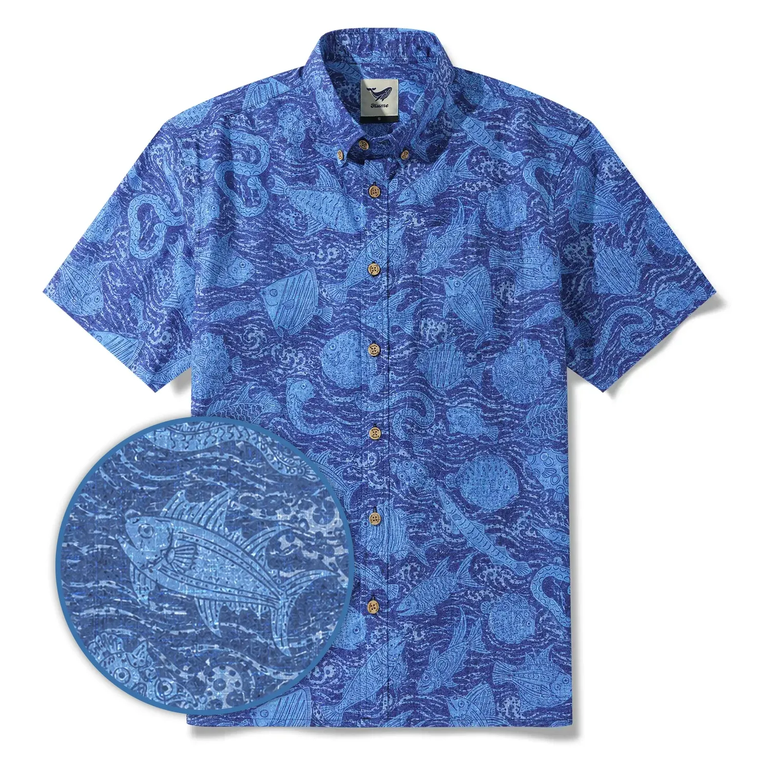 Men's Hawaiian Shirt Short Sleeve Button-down 100% Cotton Blue Aloha Indigo School Of Fish By Huan huan