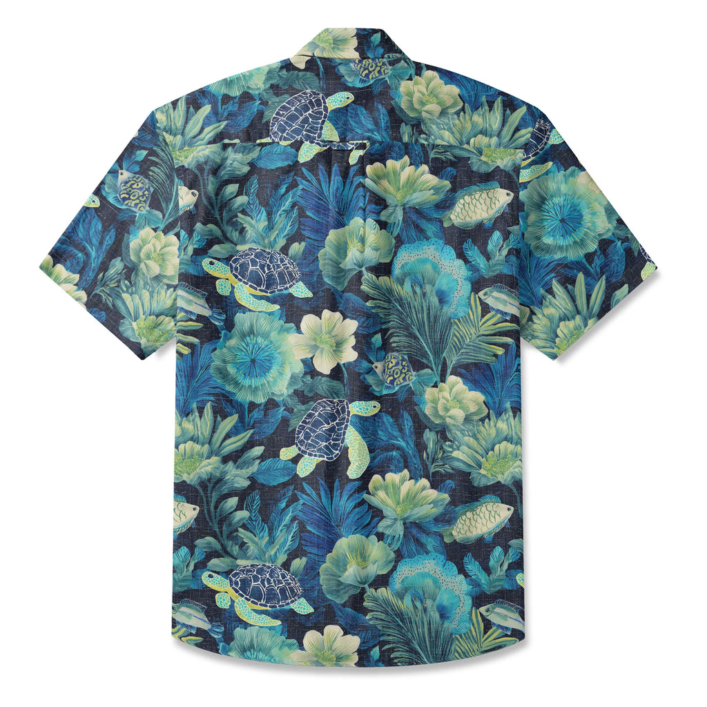 LeosWare® Men's Hawaiian Shirt Short Sleeve Button-up 100% Cotton Blue Aloha Deep Sea Flowers And Turtles By Ann