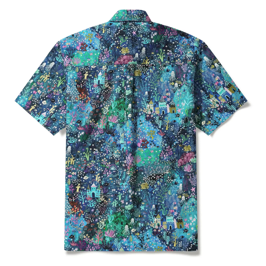 Men's Hawaiian Shirt Short Sleeve Button-down 100% Cotton Blue Aloha Enchanted Underwater World By Mo