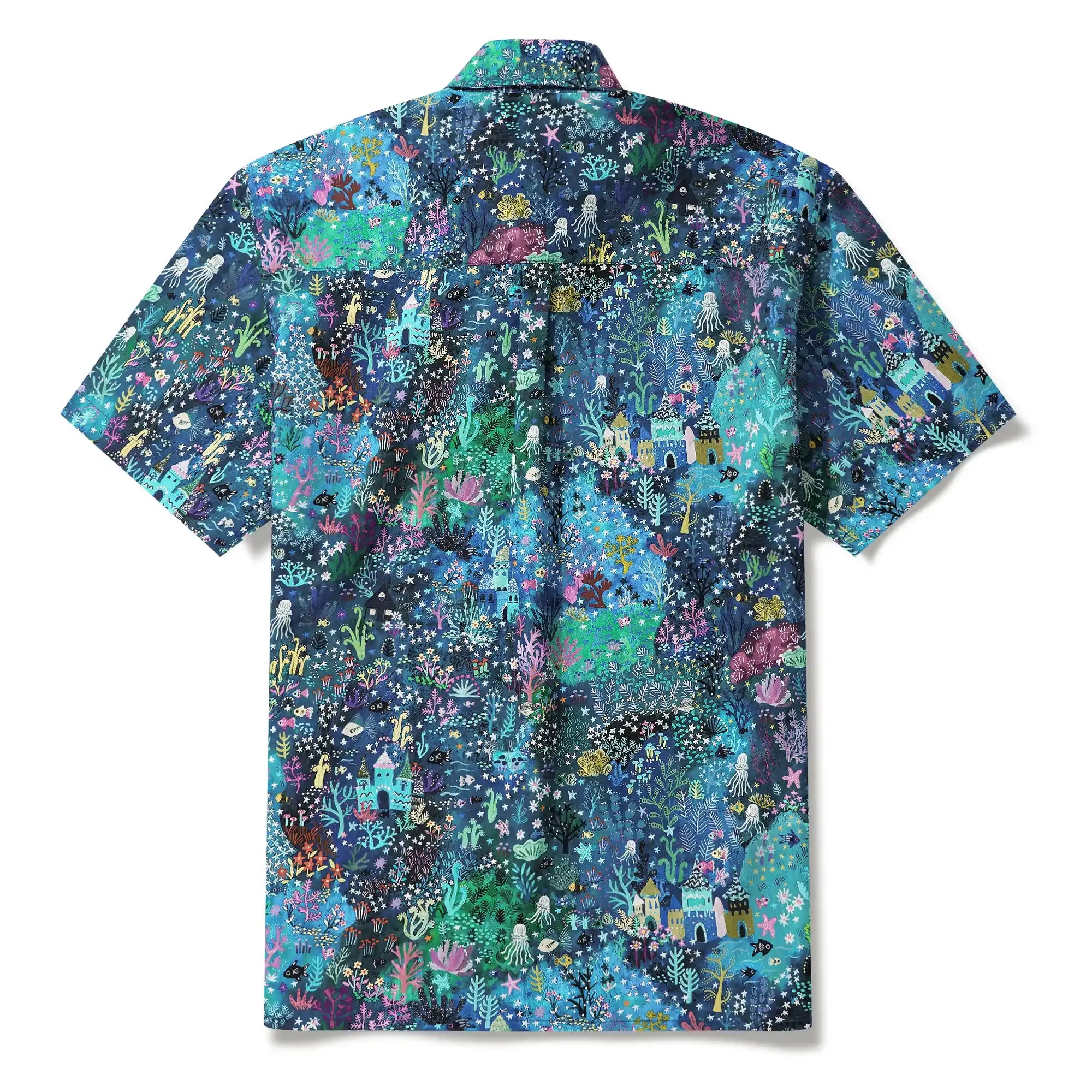 Men's Hawaiian Shirt Short Sleeve Button-down 100% Cotton Blue Aloha Enchanted Underwater World By Mo