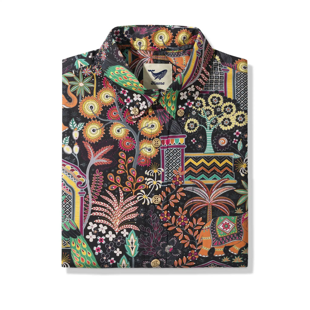 Chemise hawaïenne pour homme à manches courtes avec boutons 100 % coton verte Aloha Jaipur Gem par Huan huan