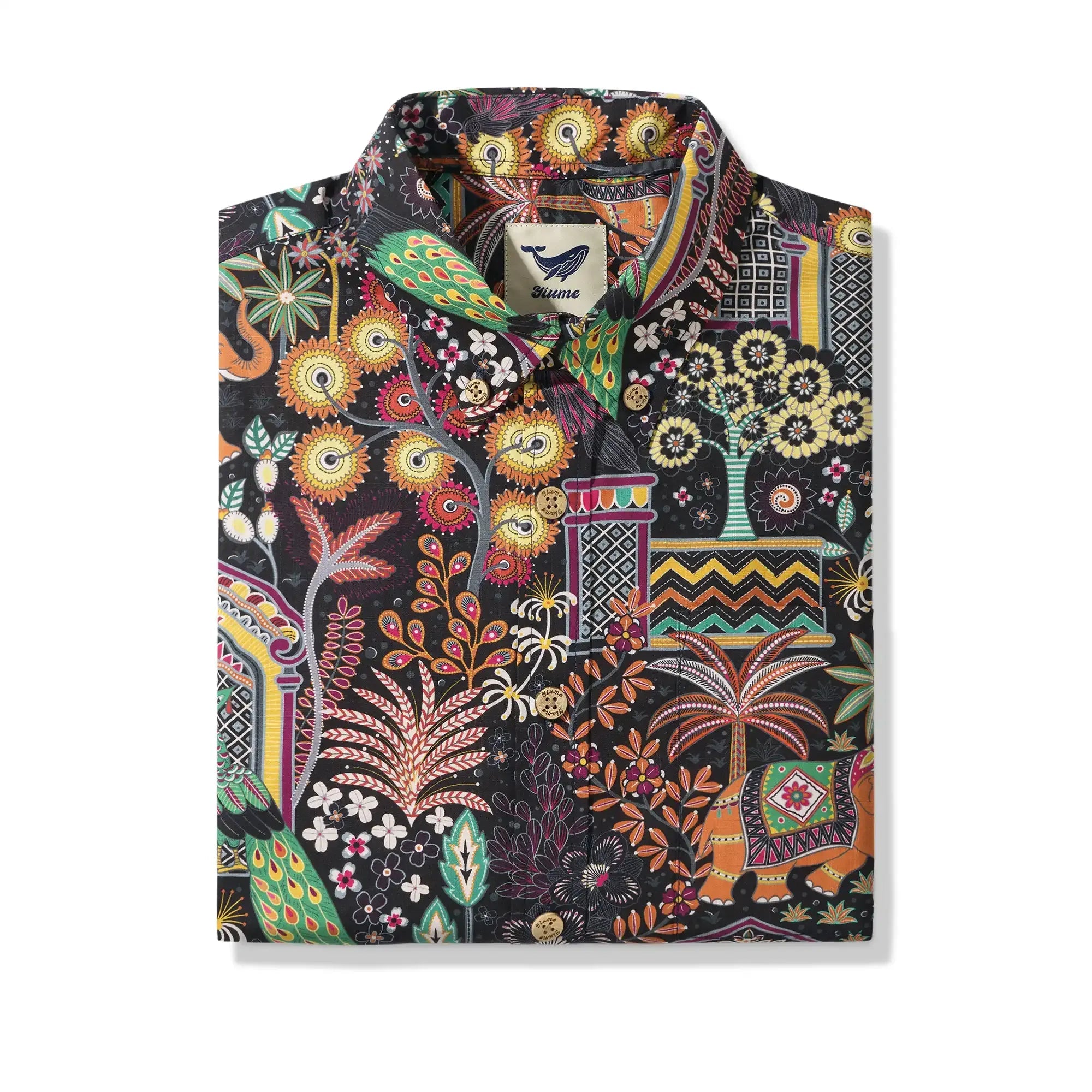 Chemise hawaïenne pour homme à manches courtes avec boutons 100 % coton verte Aloha Jaipur Gem par Huan huan