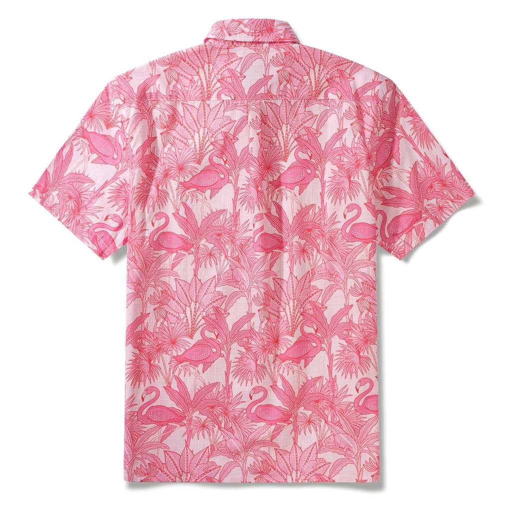 Yiume Men's Pink Hawaiian Shirt Flamingos Shirt 100% Cotton Short Sleeve Button-down Shirt Aloha Flamingos & Chameleons By House of Haricot