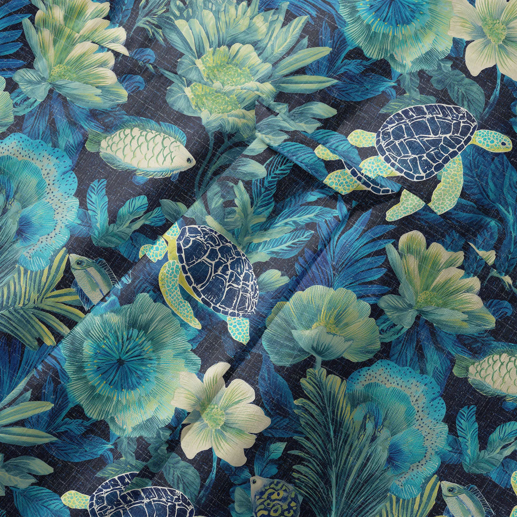 LeosWare® Men's Hawaiian Shirt Short Sleeve Button-up 100% Cotton Blue Aloha Deep Sea Flowers And Turtles By Ann