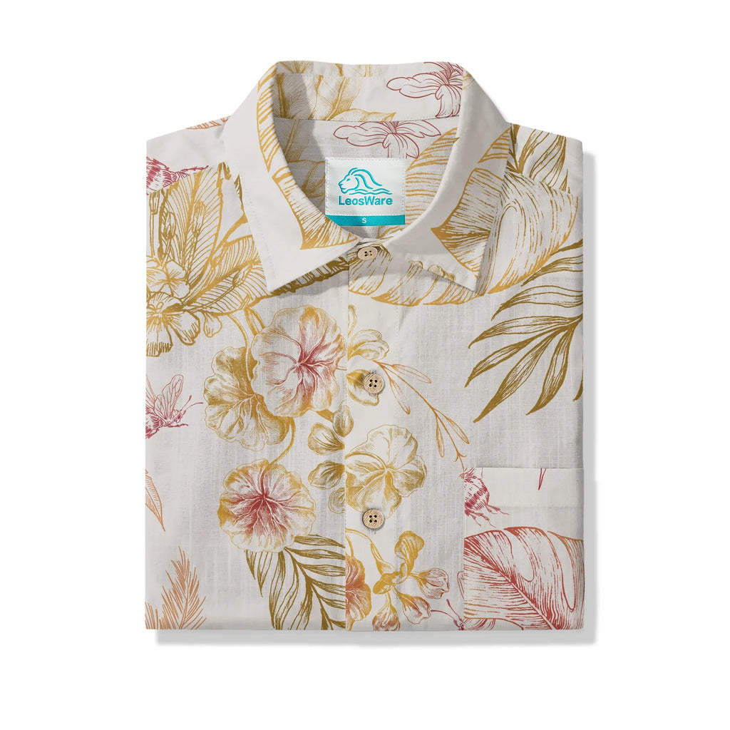 LeosWare® Men's Hawaiian Shirt Short Sleeve Button-up 100% Cotton Yellow Aloha Tropical Blossoms By Huan huan