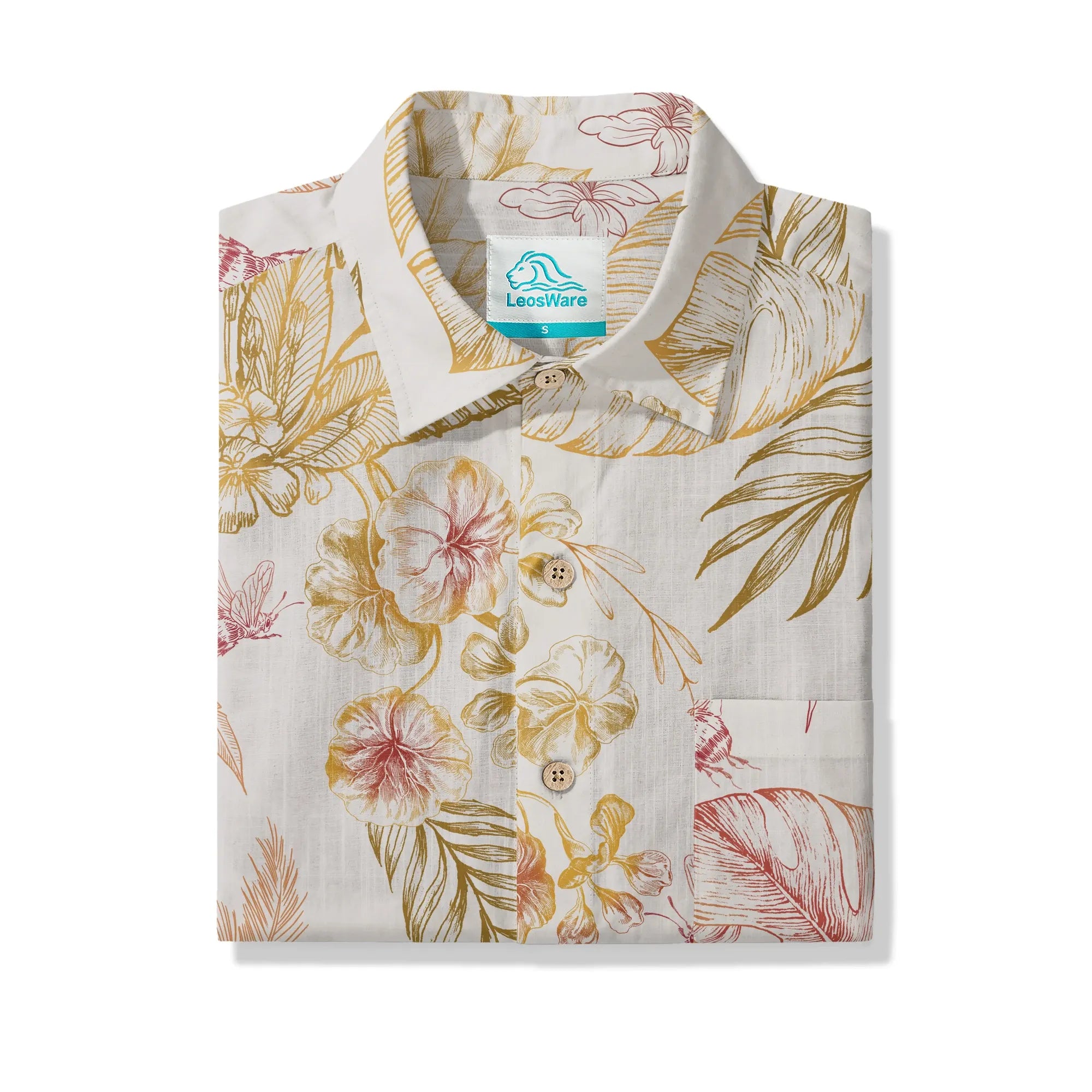 LeosWare® Men's Hawaiian Shirt Short Sleeve Button-up 100% Cotton Yellow Aloha Tropical Blossoms By Huan huan