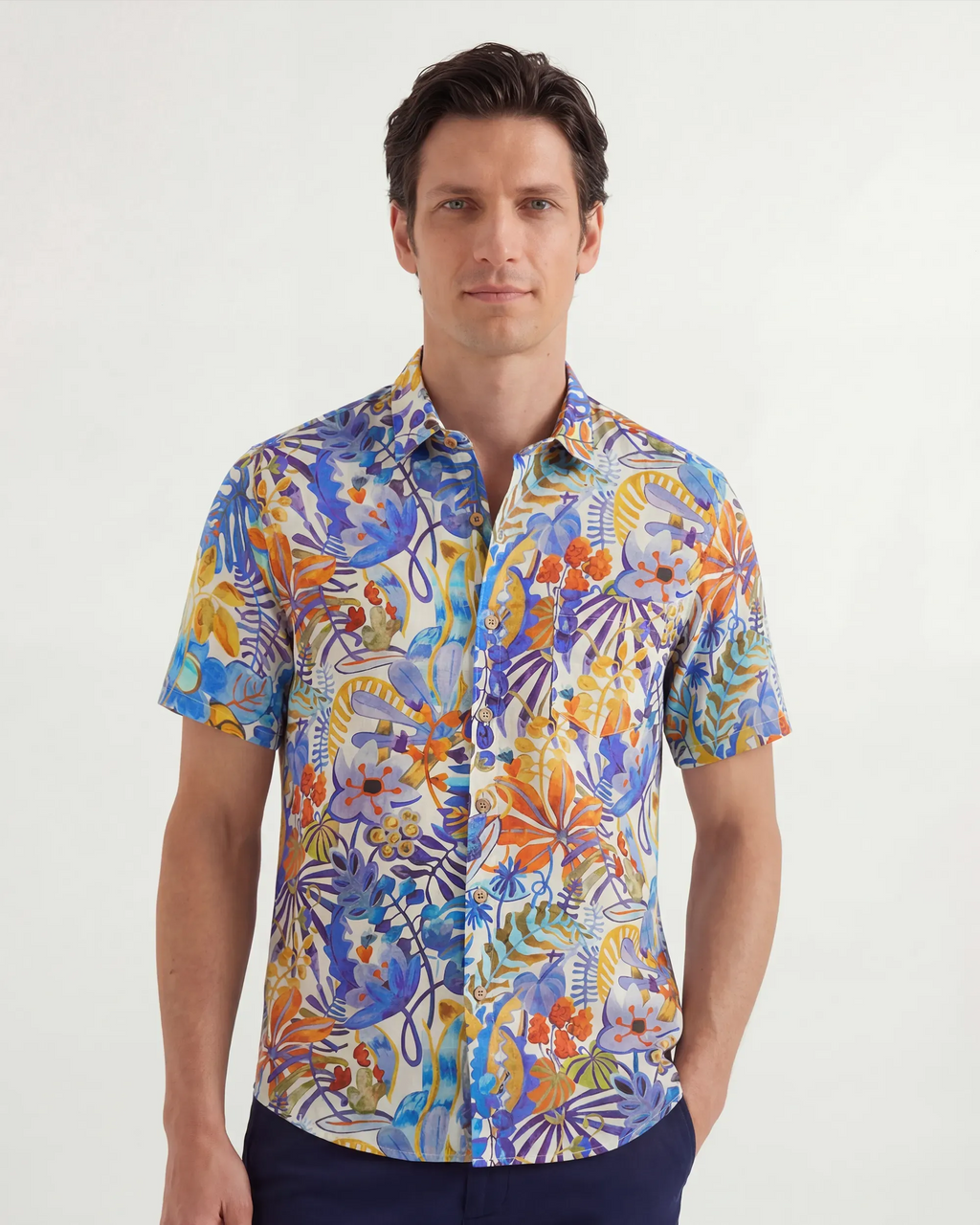 LeosWare® Men's Hawaiian Shirt Short Sleeve Button-up 100% Cotton Blue Aloha Tropical Floral Painting By Ethan