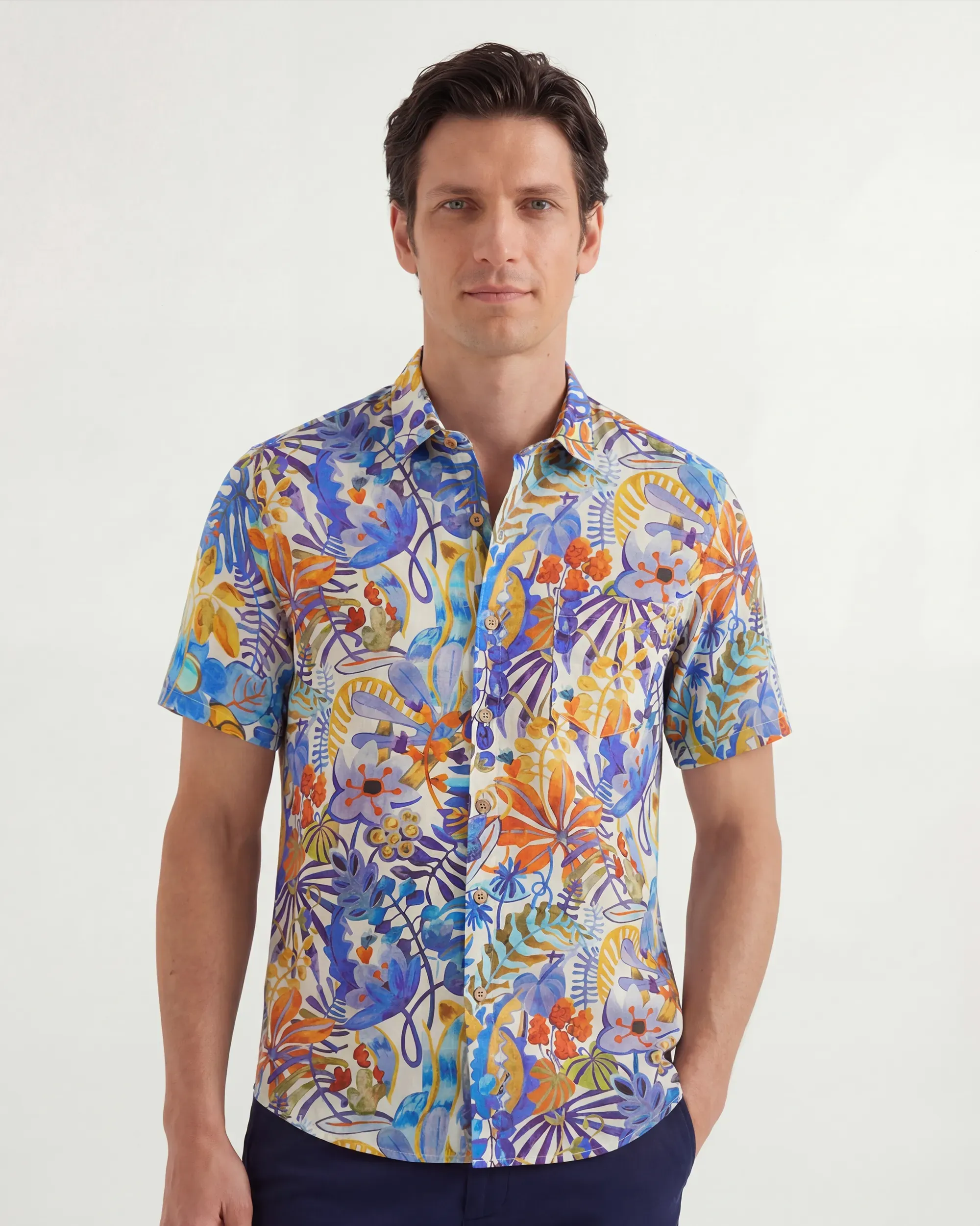LeosWare® Men's Hawaiian Shirt Short Sleeve Button-up 100% Cotton Blue Aloha Tropical Floral Painting By Ethan