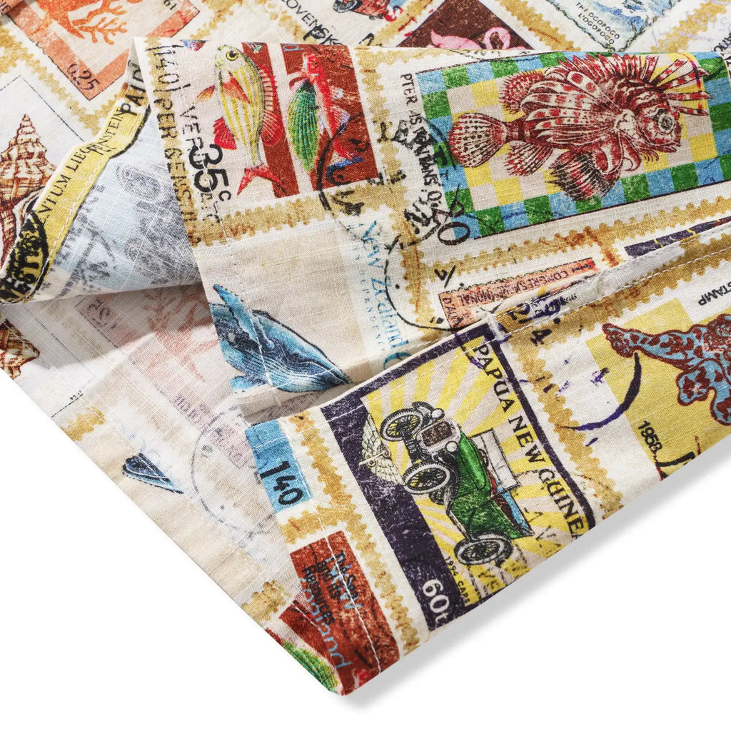 Men's Hawaiian Shirt Short Sleeve Button-down 100% Cotton White Aloha Nautical Vintage Car Postage Stamp Collage By Huan huan