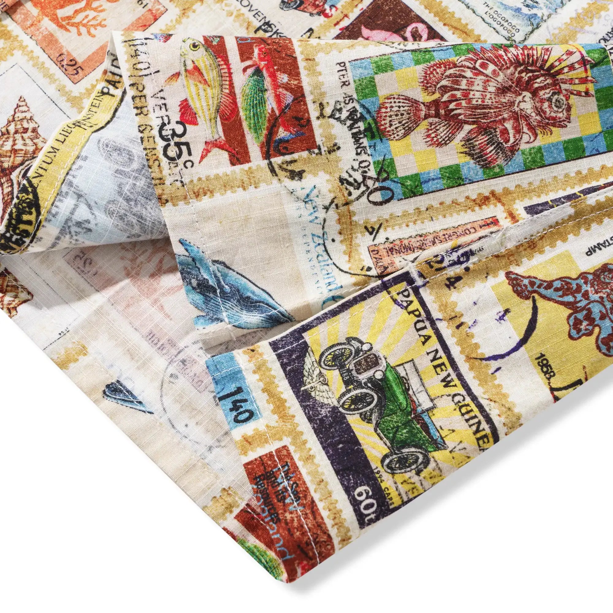 Men's Hawaiian Shirt Short Sleeve Button-down 100% Cotton White Aloha Nautical Vintage Car Postage Stamp Collage By Huan huan