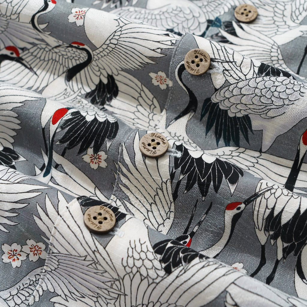 Men's Hawaiian Shirt Short Sleeve Camp Collar 100% Silk Gray Aloha The Feast Of Cranes By Seven