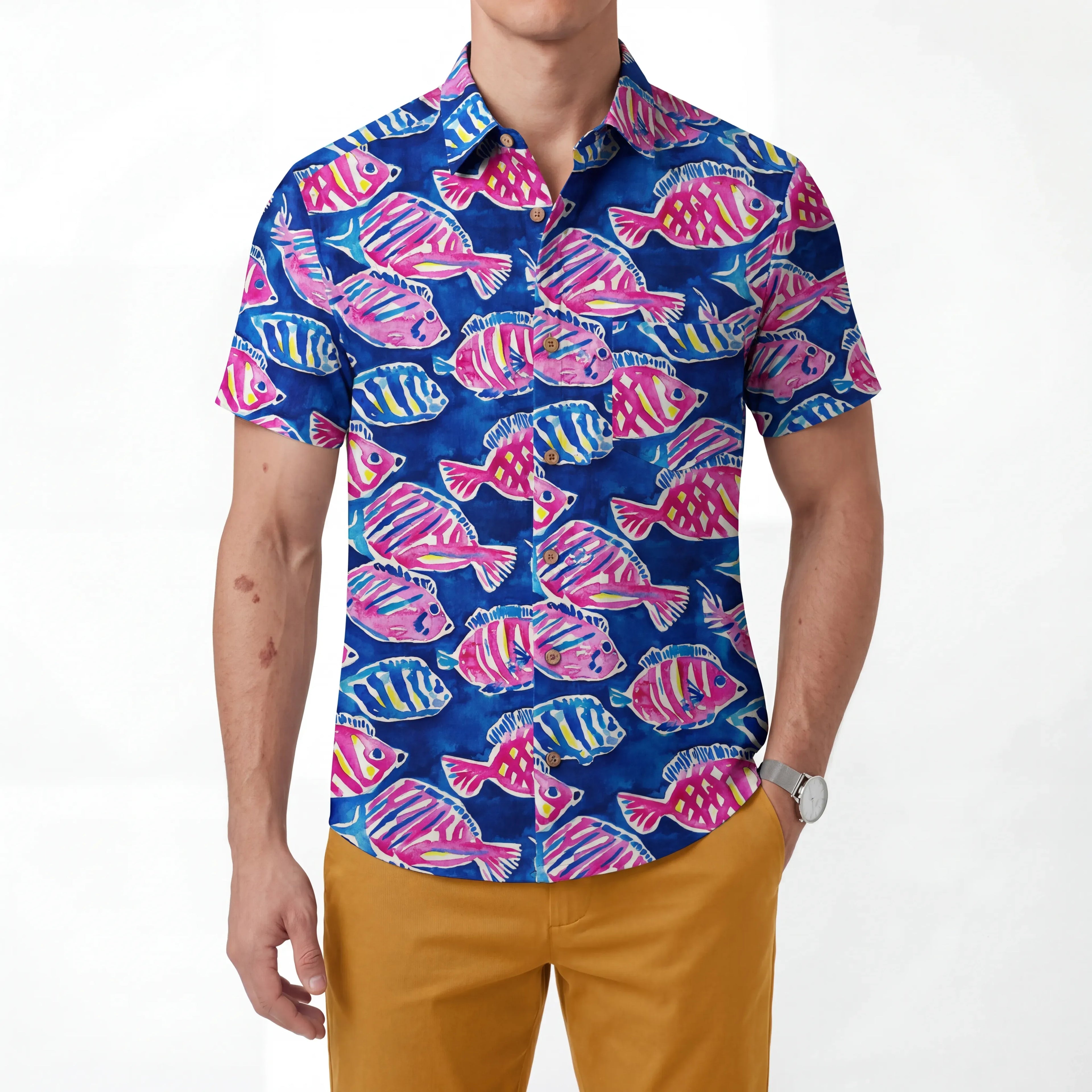 LeosWare® Men's Hawaiian Shirt Short Sleeve Button-up 100% Cotton Blue Aloha Ocean Vitality By Huan huan