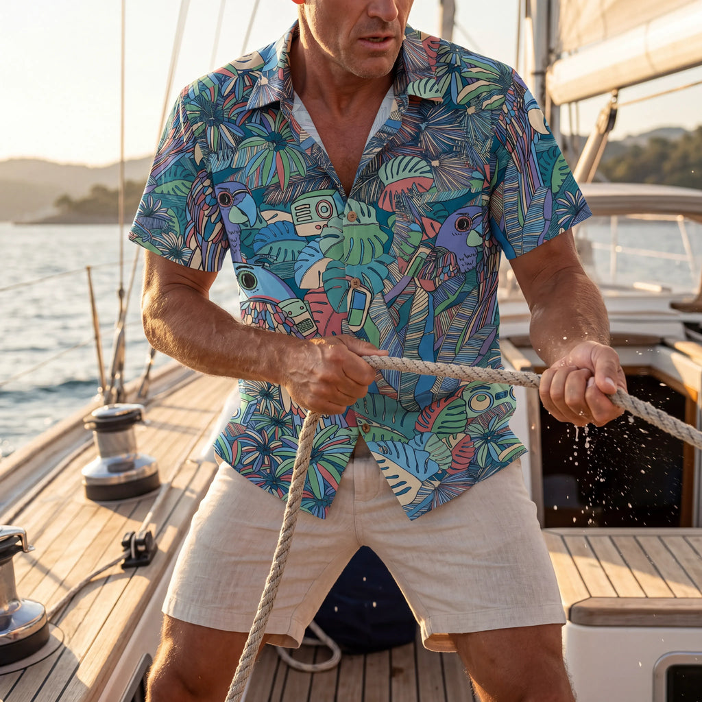 LeosWare® Men's Hawaiian Shirt Short Sleeve Button-up 100% Cotton Blue Aloha Parrot In The Enchanted Forest By Huan huan