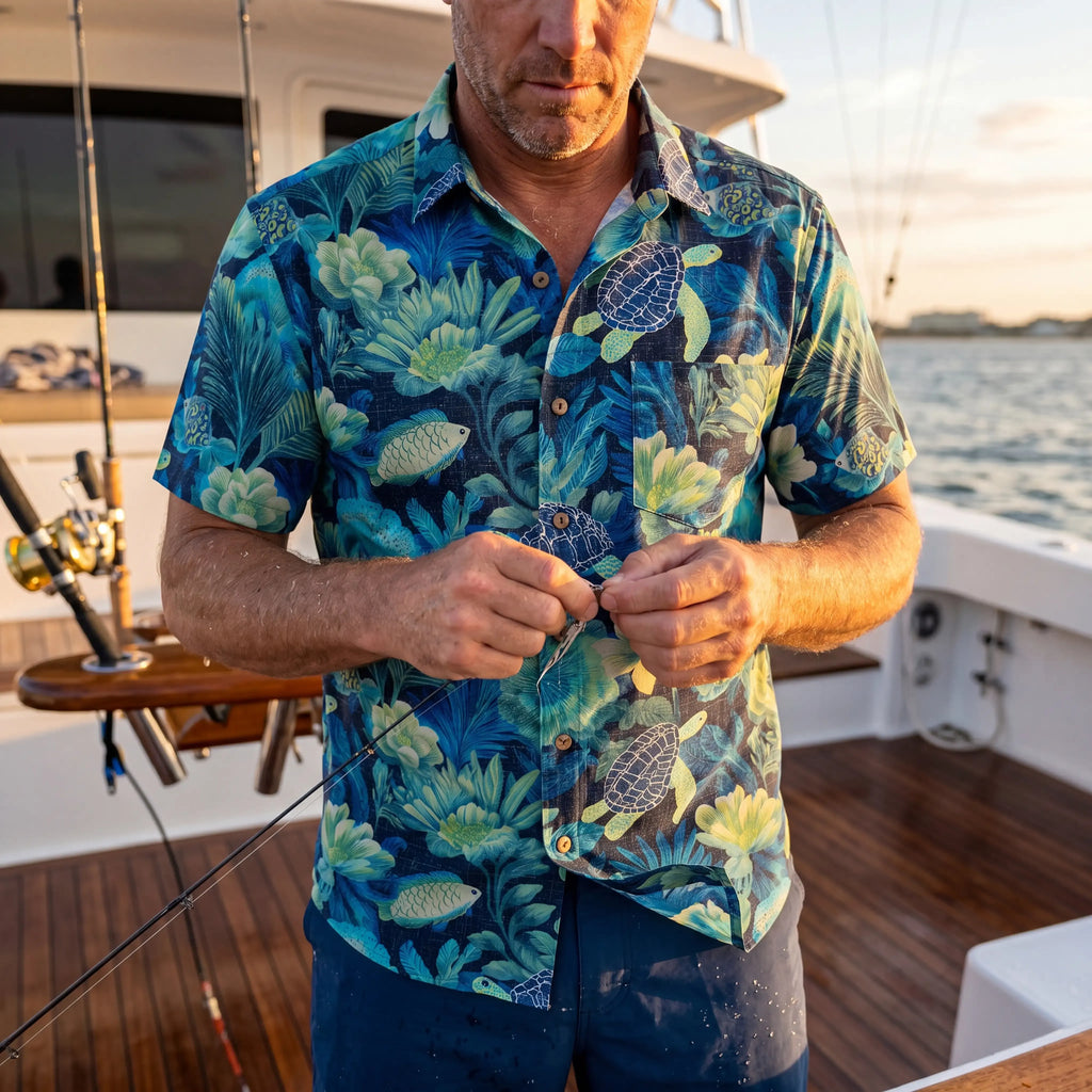 LeosWare® Men's Hawaiian Shirt Short Sleeve Button-up 100% Cotton Blue Aloha Deep Sea Flowers And Turtles By Ann