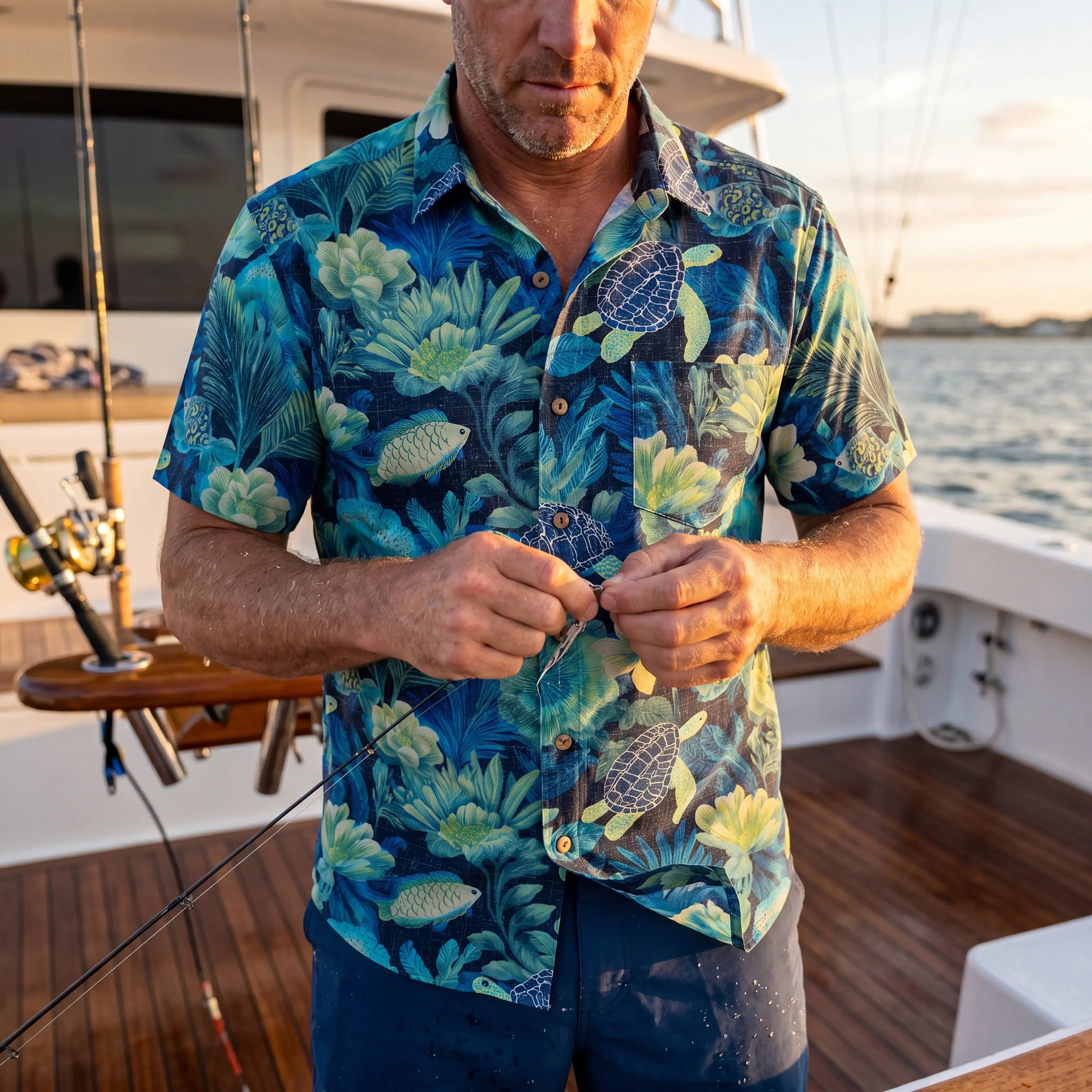 LeosWare® Men's Hawaiian Shirt Short Sleeve Button-up 100% Cotton Blue Aloha Deep Sea Flowers And Turtles By Ann