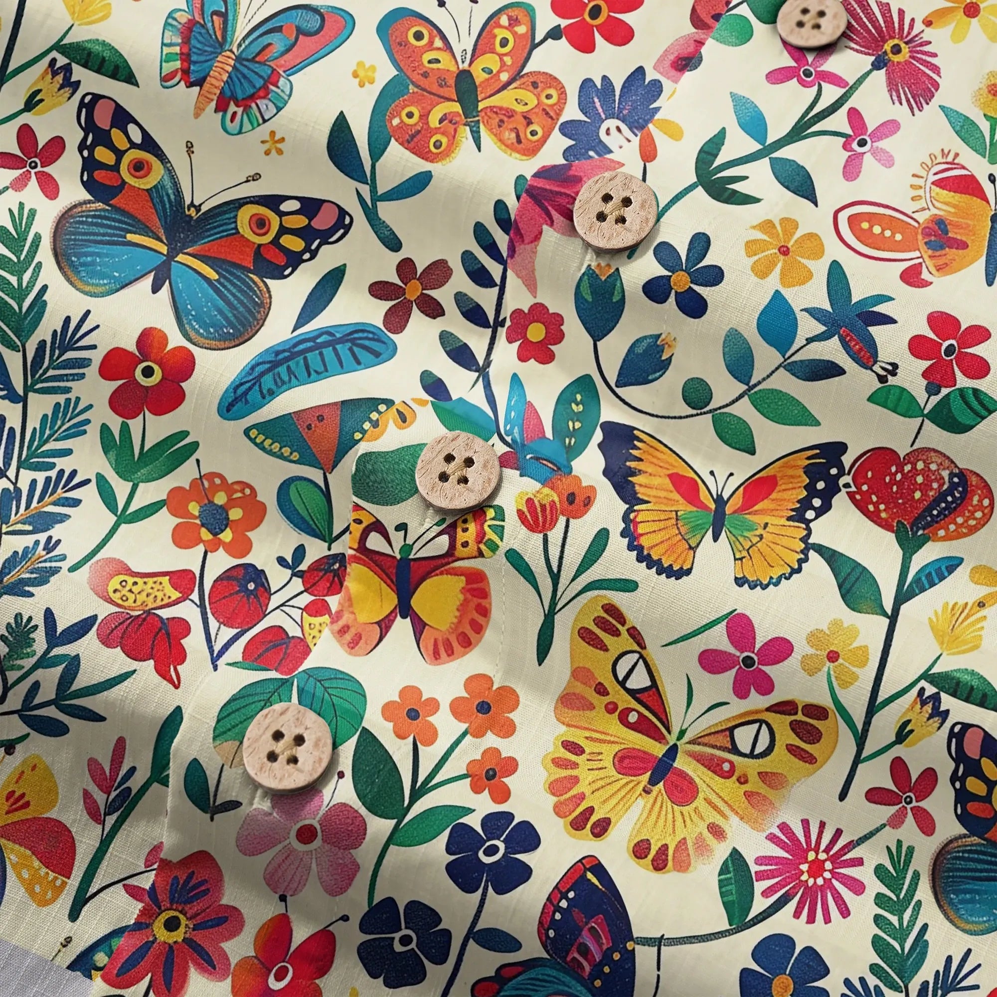 Chemise hawaïenne pour hommes LeosWare® à manches courtes avec boutons 100 % coton beige Aloha Butterflies Whispers In Full Bloom par Ann