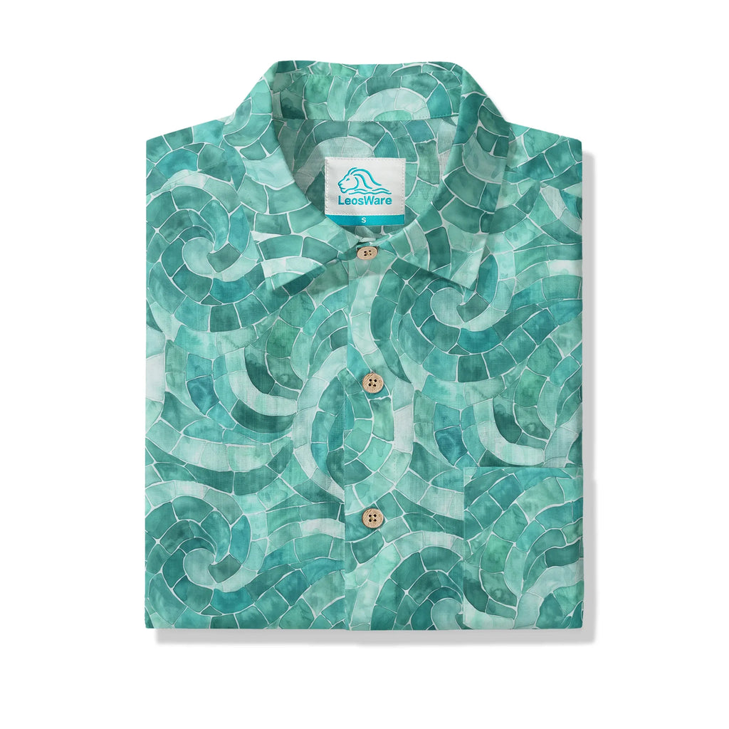 LeosWare® Men's Hawaiian Shirt Short Sleeve Button-up 100% Cotton Green Aloha Azure Seashell Whispers By Ann