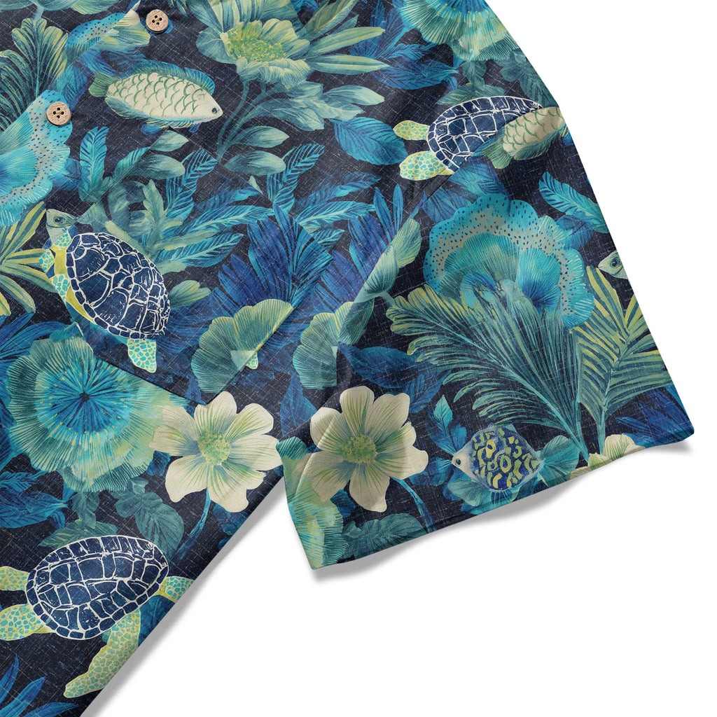 LeosWare® Men's Hawaiian Shirt Short Sleeve Button-up 100% Cotton Blue Aloha Deep Sea Flowers And Turtles By Ann