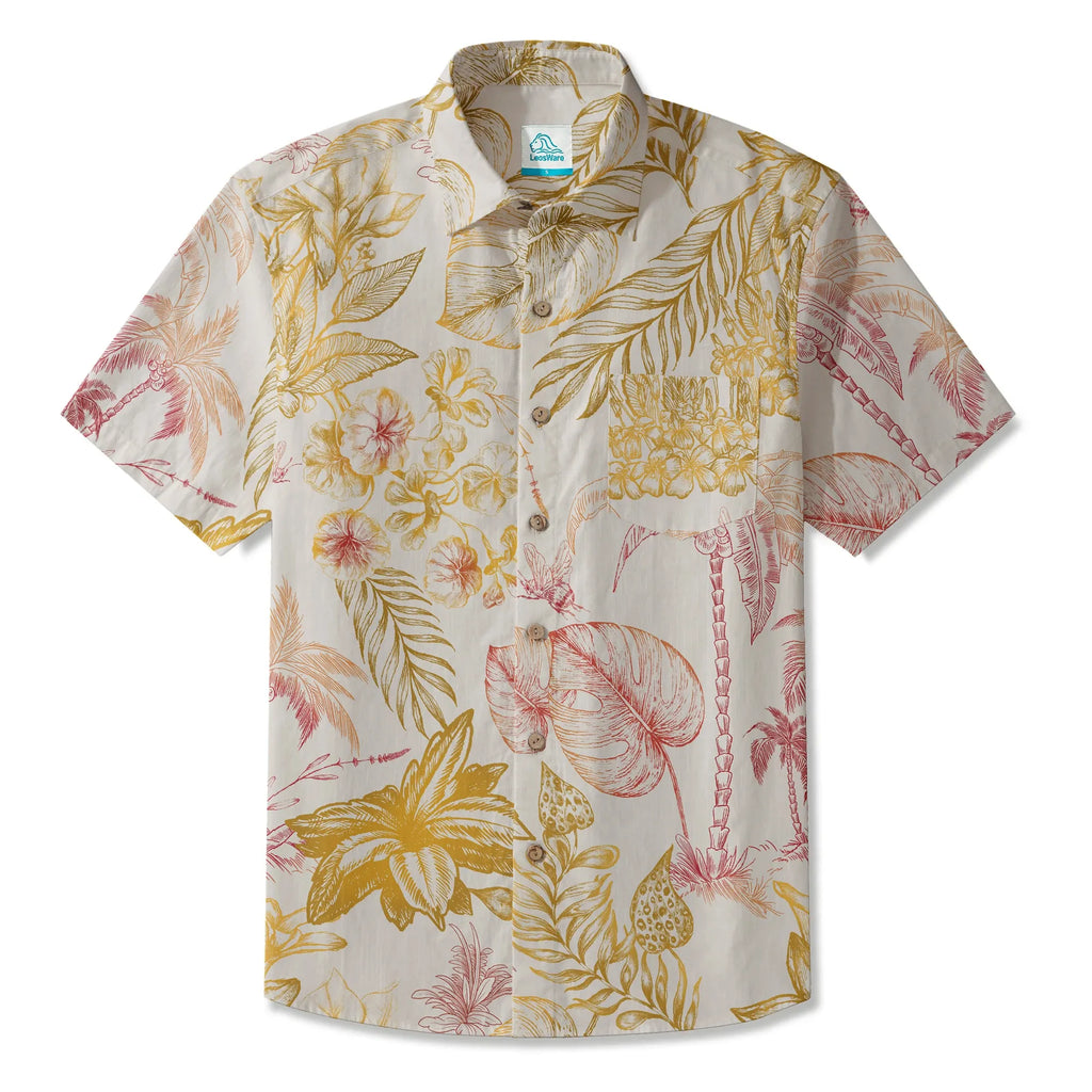 LeosWare® Men's Hawaiian Shirt Short Sleeve Button-up 100% Cotton Yellow Aloha Tropical Blossoms By Huan huan