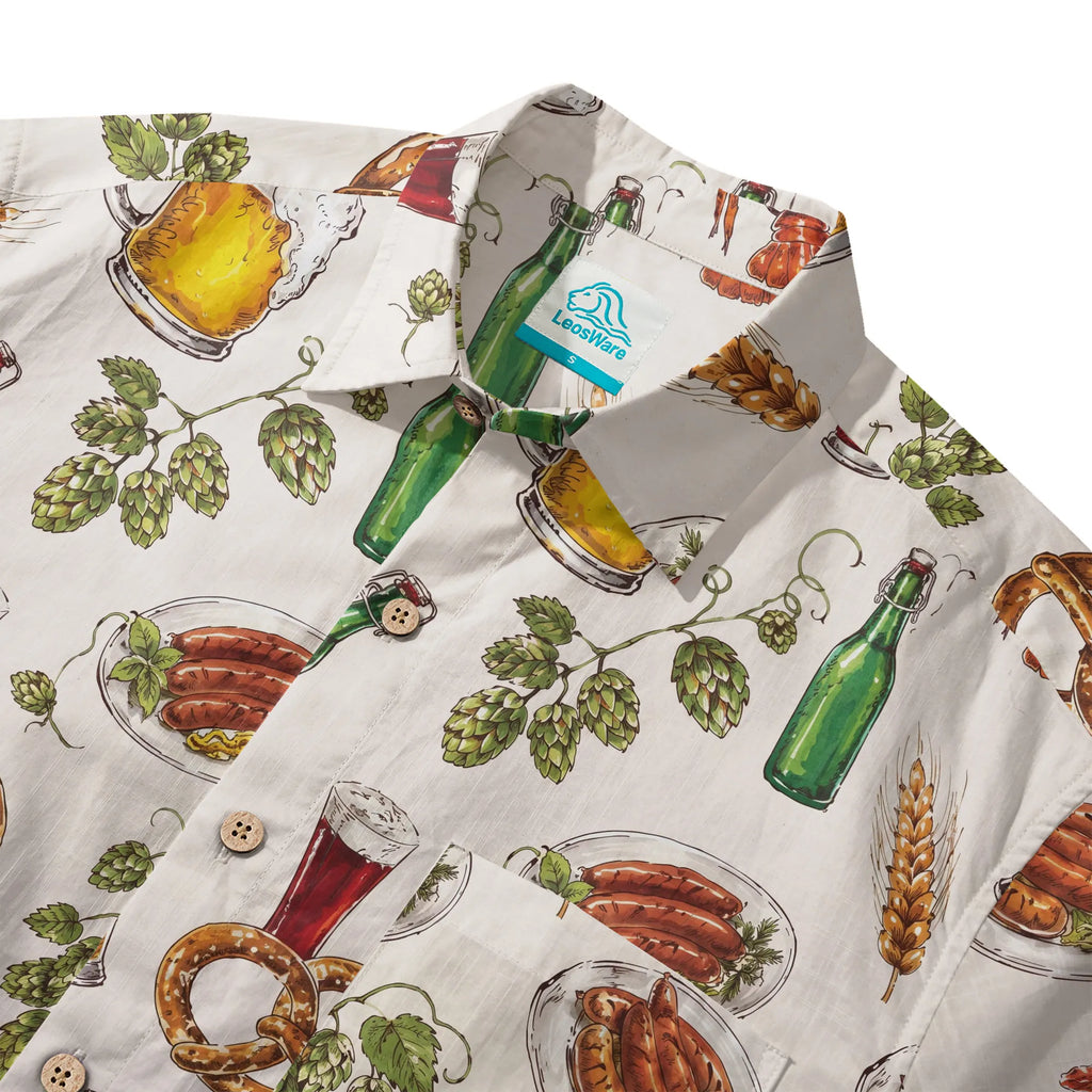LeosWare® Men's Hawaiian Shirt Short Sleeve Button-up 100% Cotton Beige Aloha Beer Festival Feast Carnival By Ann