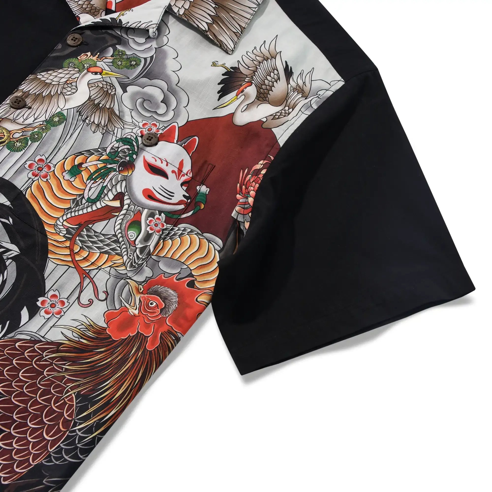 Chemise hawaïenne pour hommes à manches courtes, col camp, 100 % coton, masque Kitsune noir et coq Aloha, le mythe Edo par Huan huan