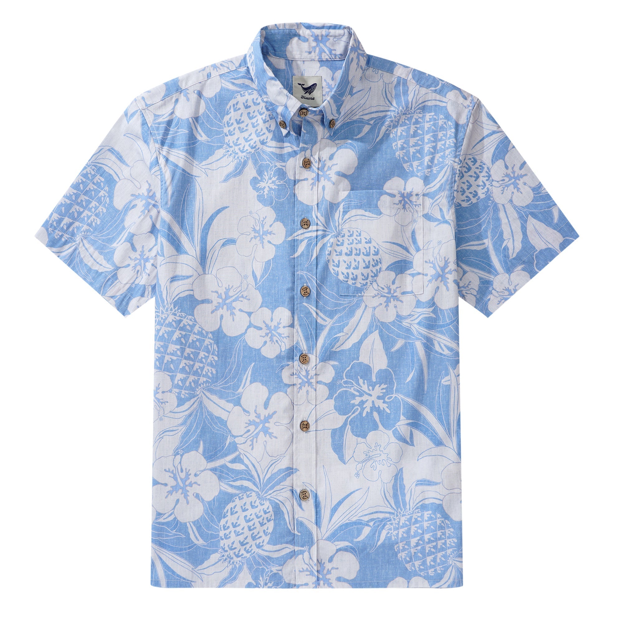 Men's Hawaiian Shirt Short Sleeve Button-down 100% Cotton Blue Aloha Pineapple and Hibiscus Hawaiian Shirt By Cigar