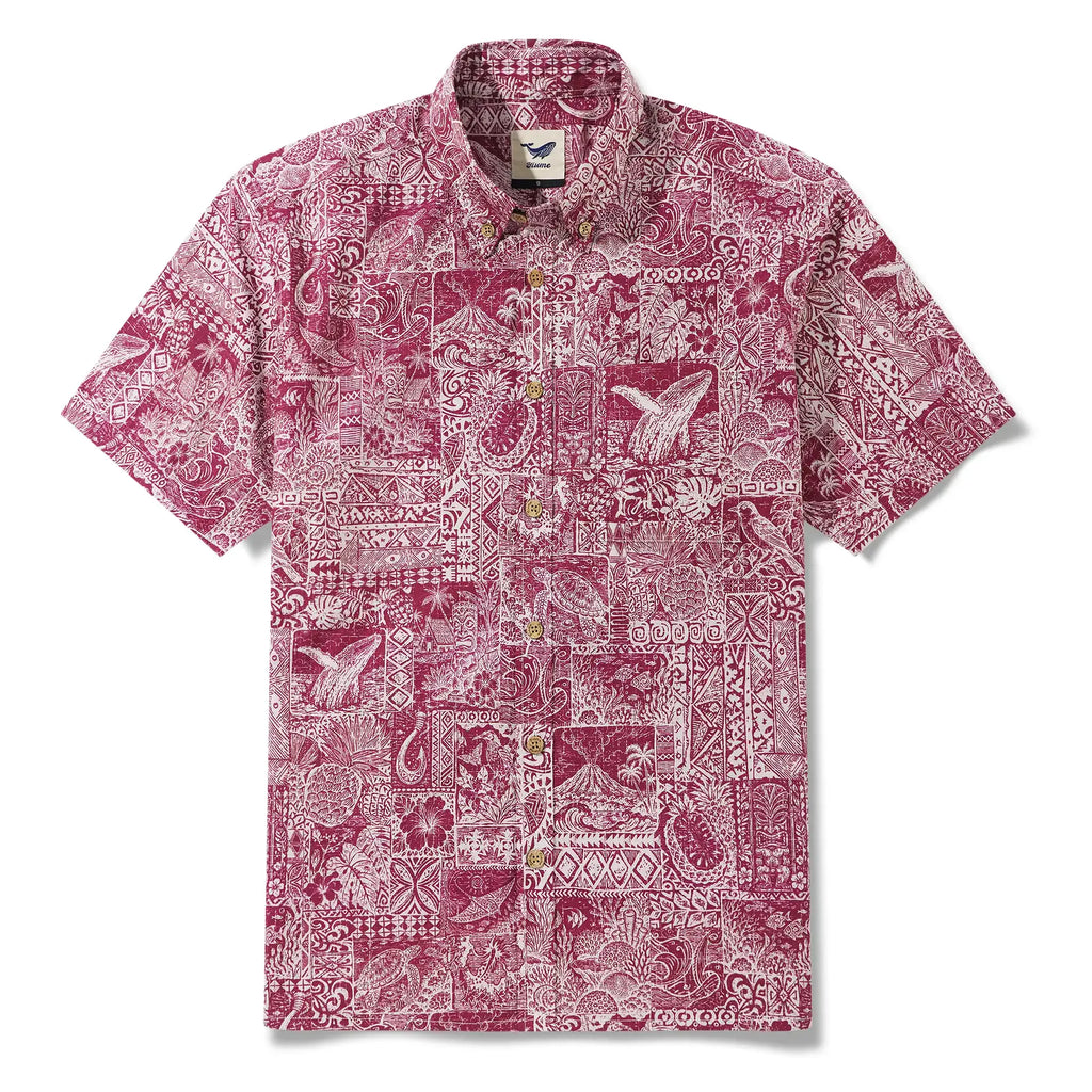 Men's Hawaiian Shirt Short Sleeve Button-down 100% Cotton Red Aloha Tiki  Isle Archive - Burgundy Red By Cigar