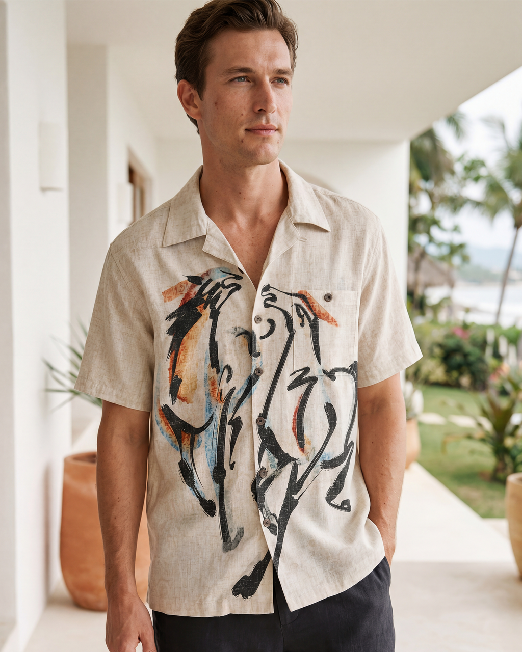 Men's Hawaiian Shirt Short Sleeve Camp Collar 100% Cotton Beige Aloha Horse Fortunate Gallop Year of the Horse 2026 By Huan huan