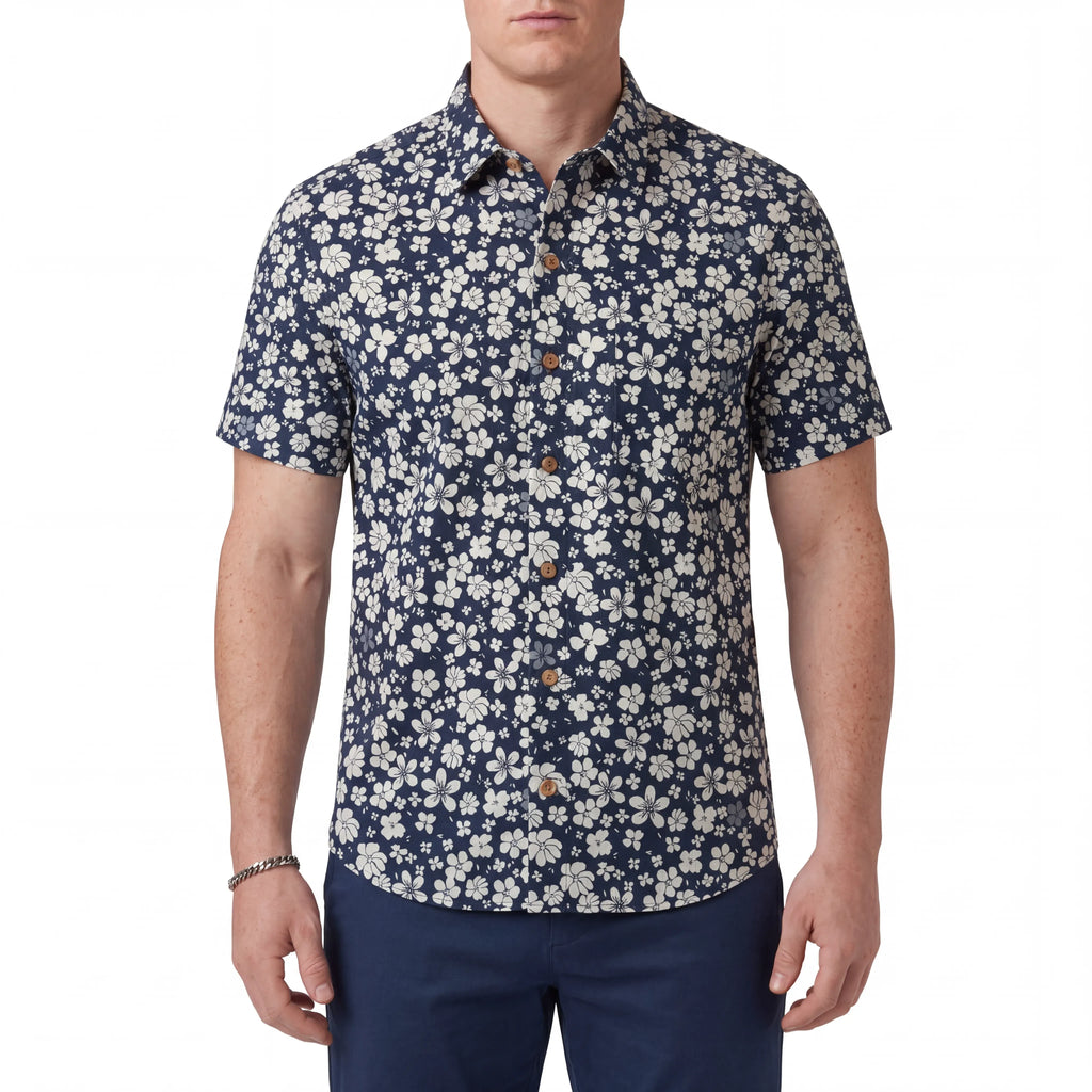 LeosWare® Men's Hawaiian Shirt Short Sleeve Button-up 100% Cotton Blue Aloha Floral Seascape By Huan huan