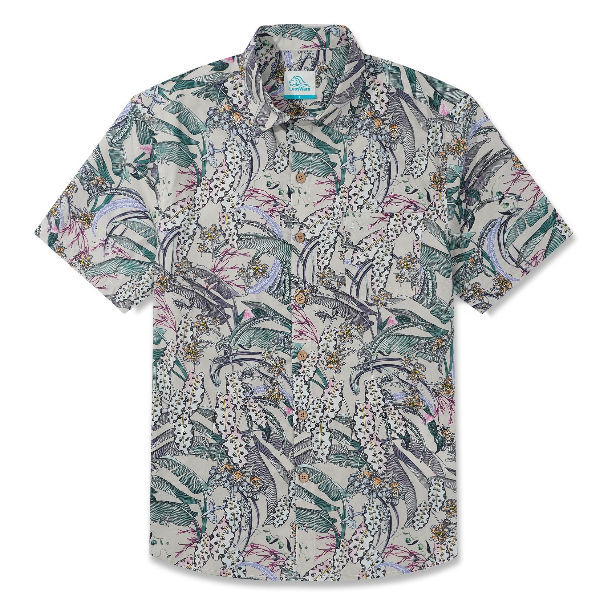 LeosWare® Men's Hawaiian Shirt Short Sleeve Button-up 100% Cotton Beige Aloha Fresh Tropical Plant Art By Ethan