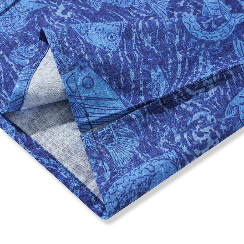 Men's Hawaiian Shirt Short Sleeve Button-down 100% Cotton Blue Aloha Indigo School Of Fish By Huan huan