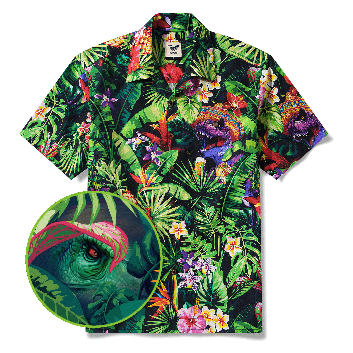 Men's Hawaiian Shirt Short Sleeve Camp Collar 100% Cotton Purple Aloha Jungle Dinosaur Party Time Mexican Style By Huan huan