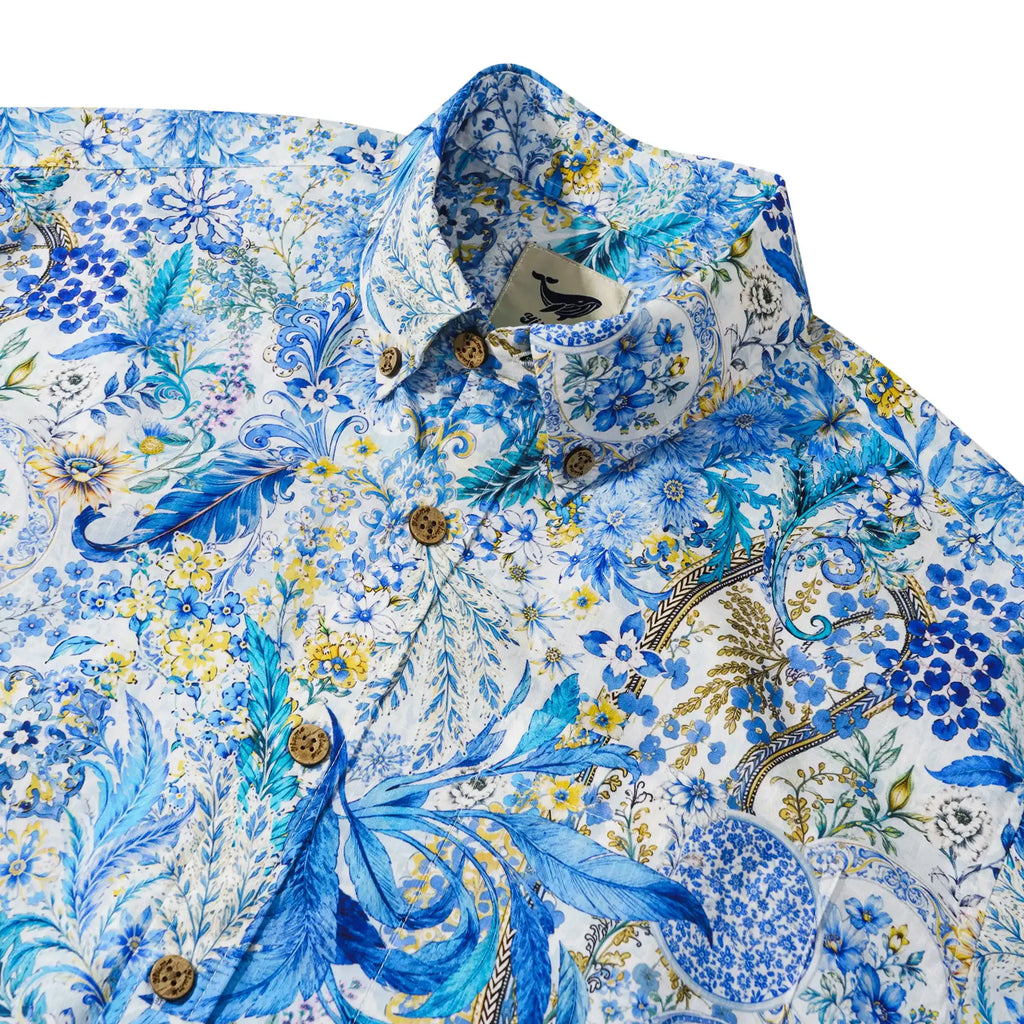 Men's Hawaiian Shirt Short Sleeve Button-down 100% Cotton Blue Aloha Sicilian Bloom By Mo