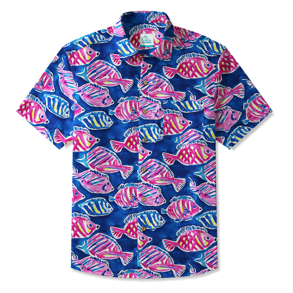 LeosWare® Men's Hawaiian Shirt Short Sleeve Button-up 100% Cotton Blue Aloha Ocean Vitality By Huan huan