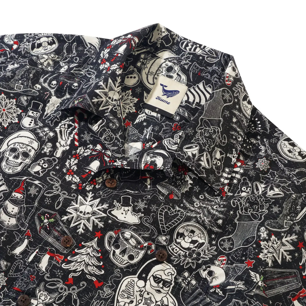 Christmas Gift Men's Hawaiian Shirt Short Sleeve Camp Collar 100% Cotton Black Aloha Christmas Party By Mo