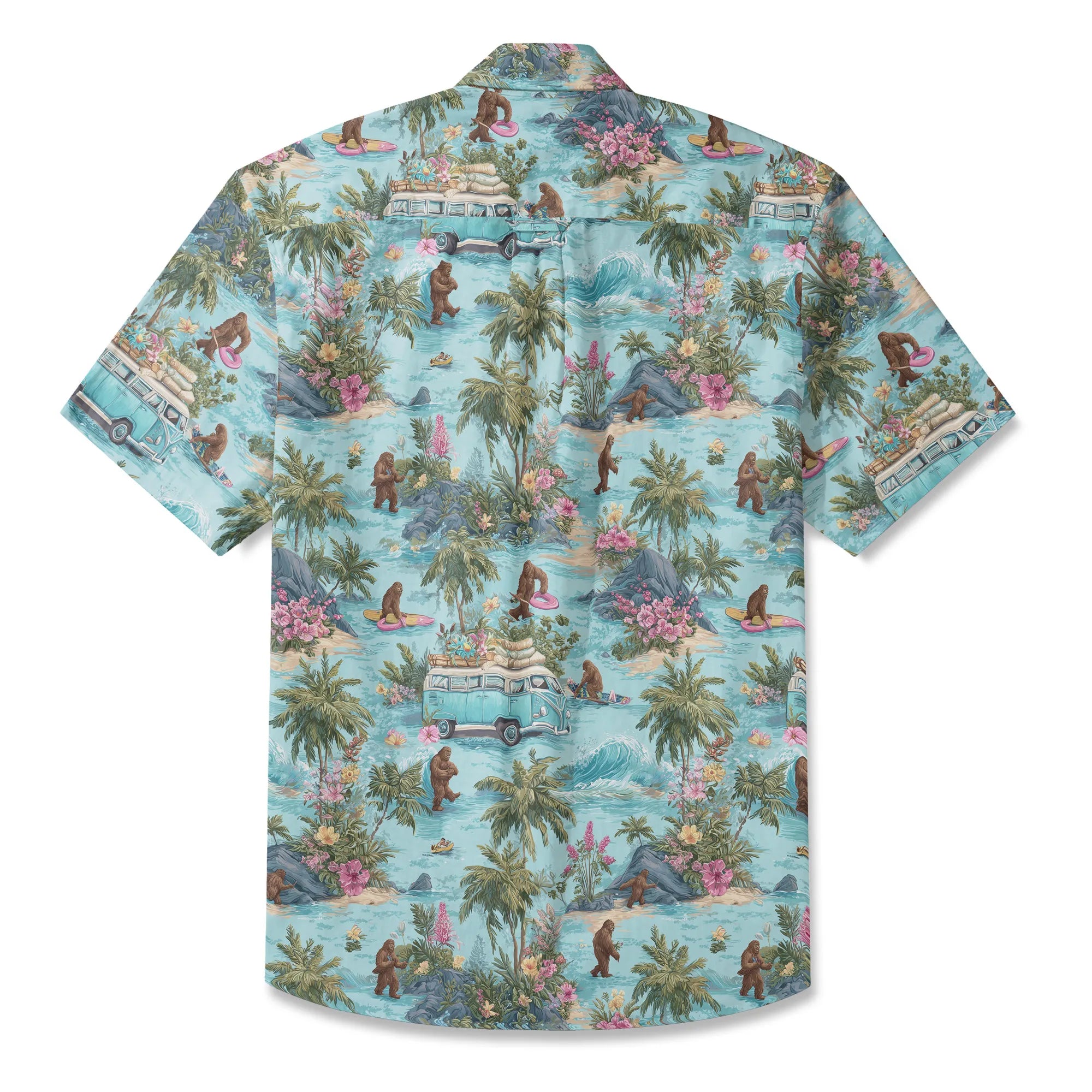 LeosWare® Men's Hawaiian Shirt Short Sleeve Button-up 100% Cotton Blue Aloha Tropical Drift Of Bigfoot By Ann