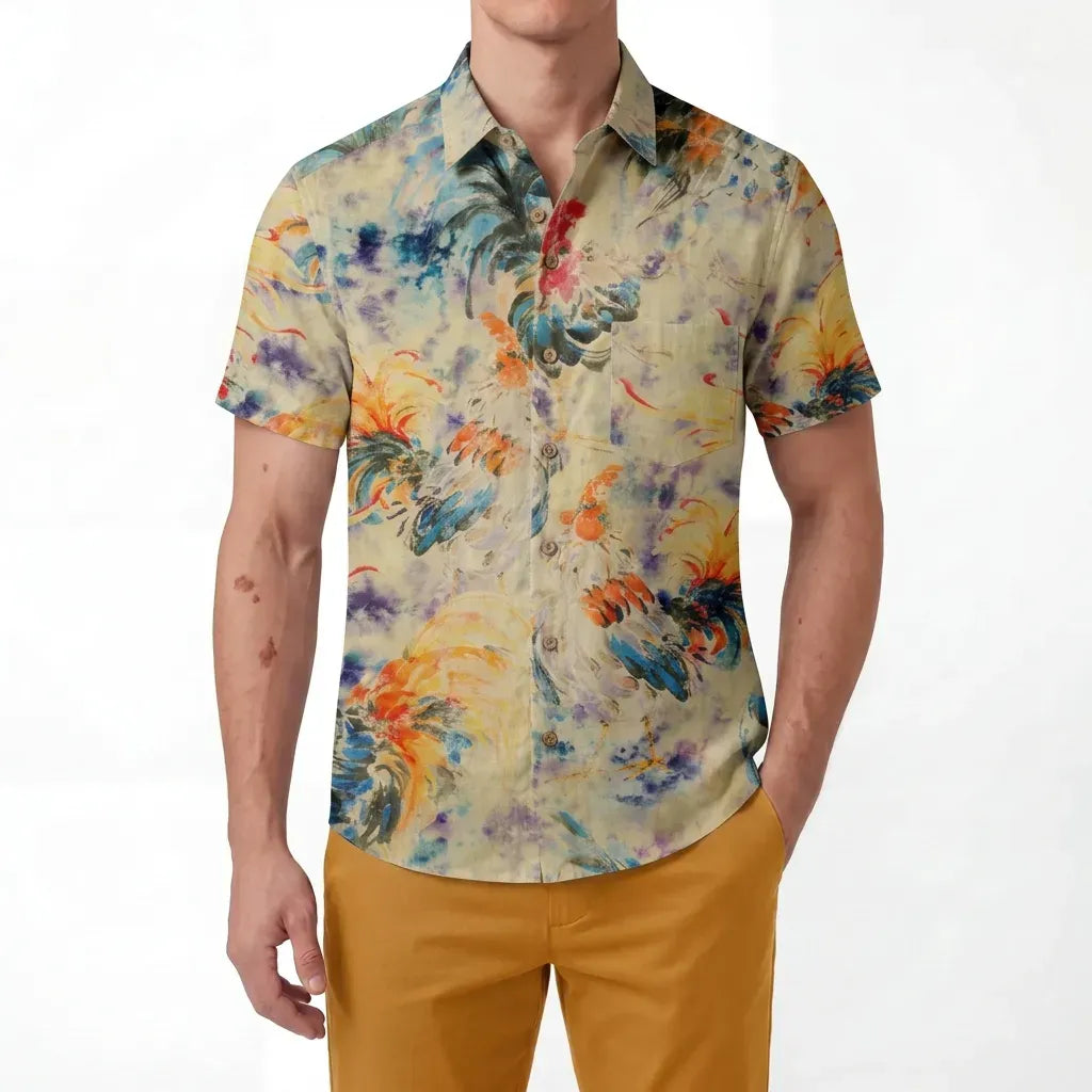 LeosWare® Men's Hawaiian Shirt Short Sleeve Button-up 100% Cotton Orange Aloha Enchanting Rooster By Huan huan