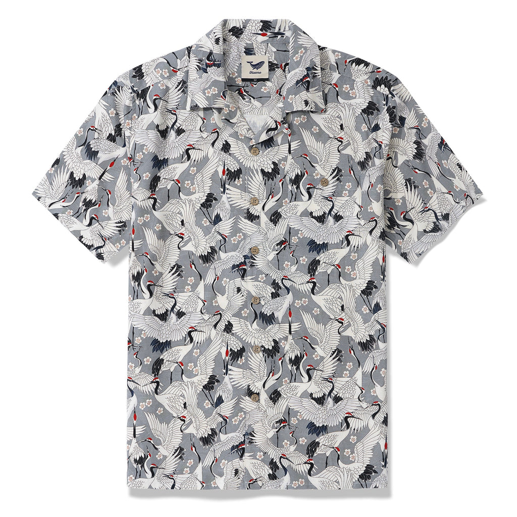 Men's Hawaiian Shirt Short Sleeve Camp Collar 100% Silk Gray Aloha The Feast Of Cranes By Seven